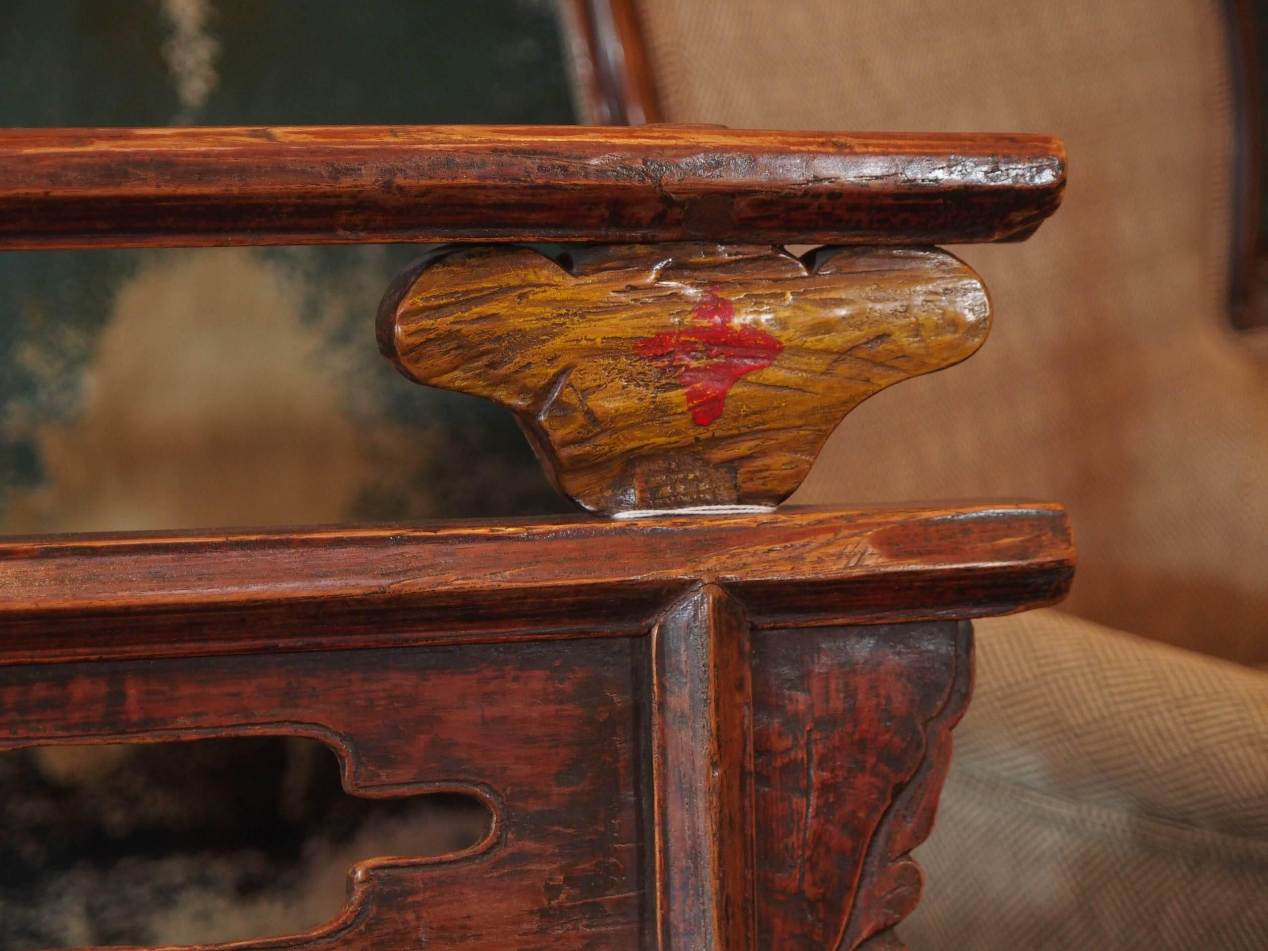 Antique Chinese Shanxi Province Painted Elm Bench, circa 1860 1