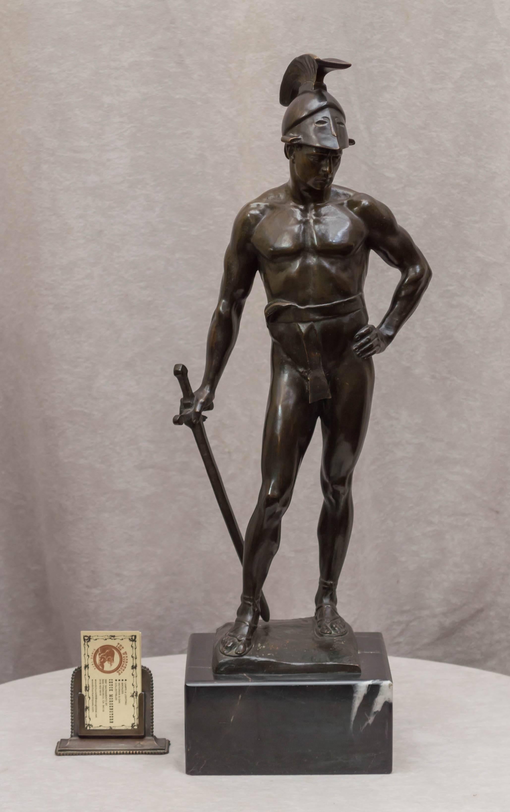 This handsome and muscular young warrior is a great example of the type of sculpture done in the late 19th and to early 20th century. Artist signed Seifert. Franz Seifert was born in Vienna in 1866. He was largely influenced by German history and