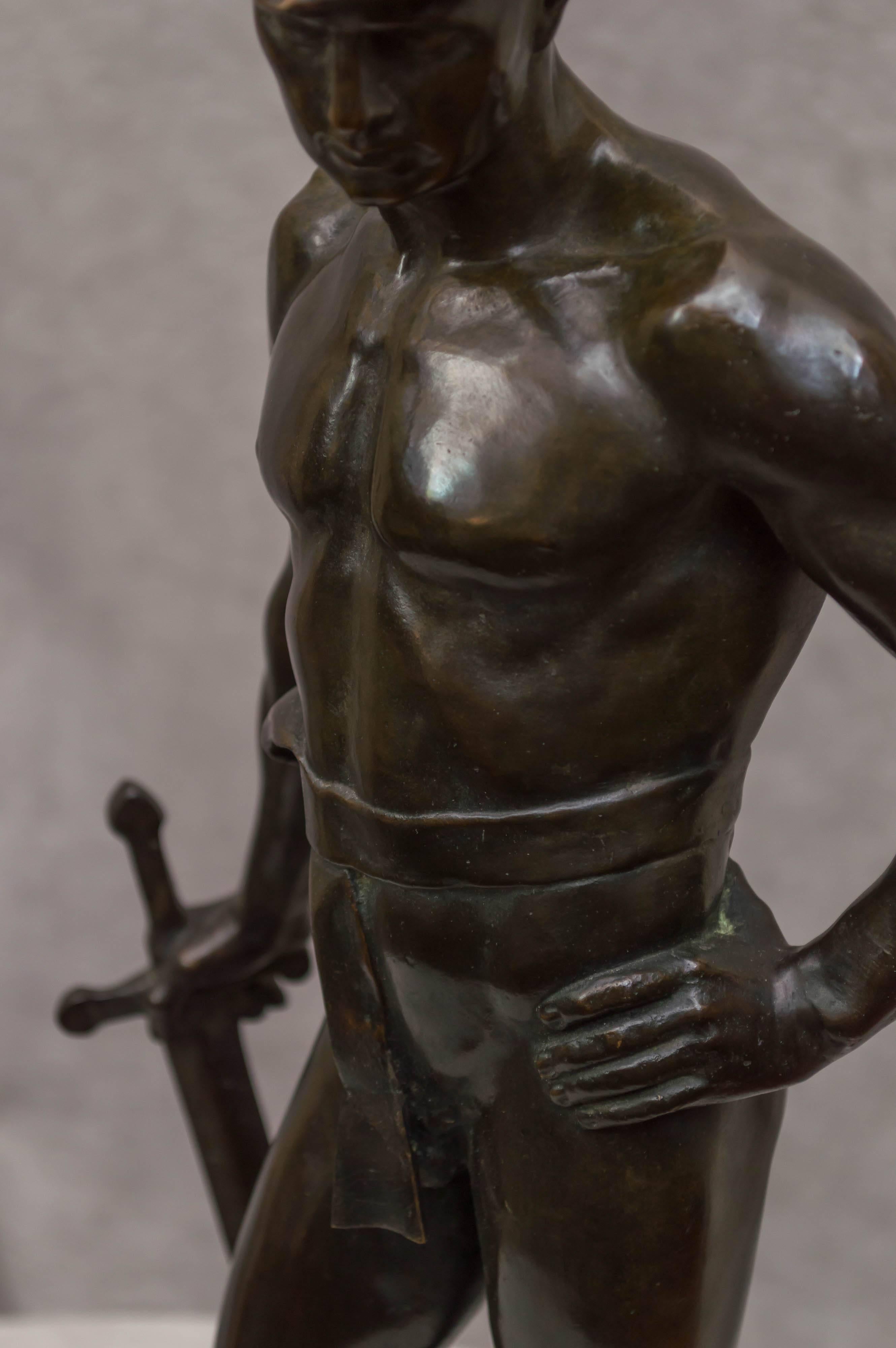 Hand-Crafted Powerful Semi-Nude Bronze Warrior ca. 1905