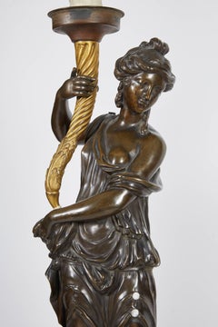 Large Pair of French Gilt and Patinated Bronze Figural Candelabra Lamps