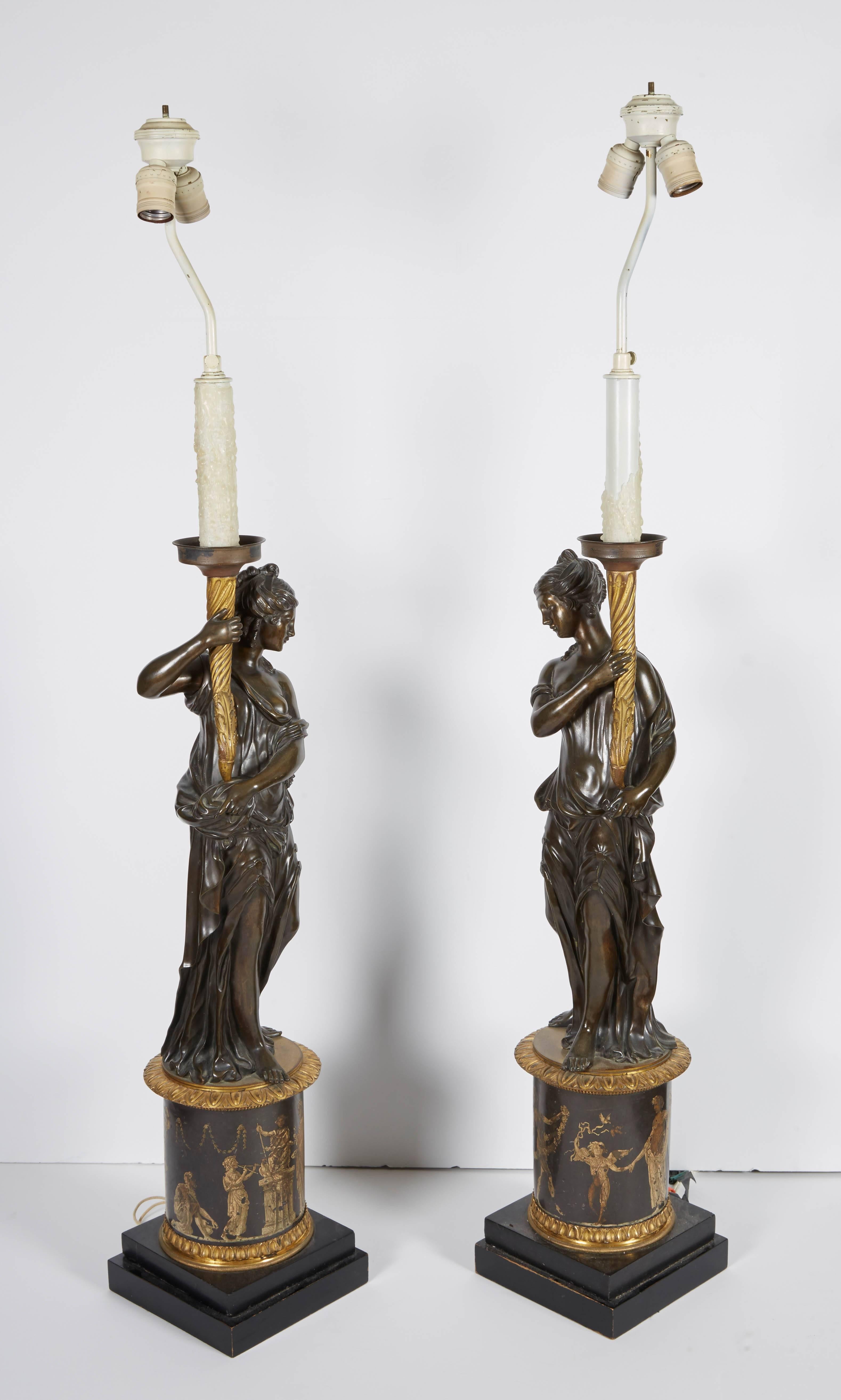 Large Pair of French Gilt and Patinated Bronze Figural Candelabra Lamps 5