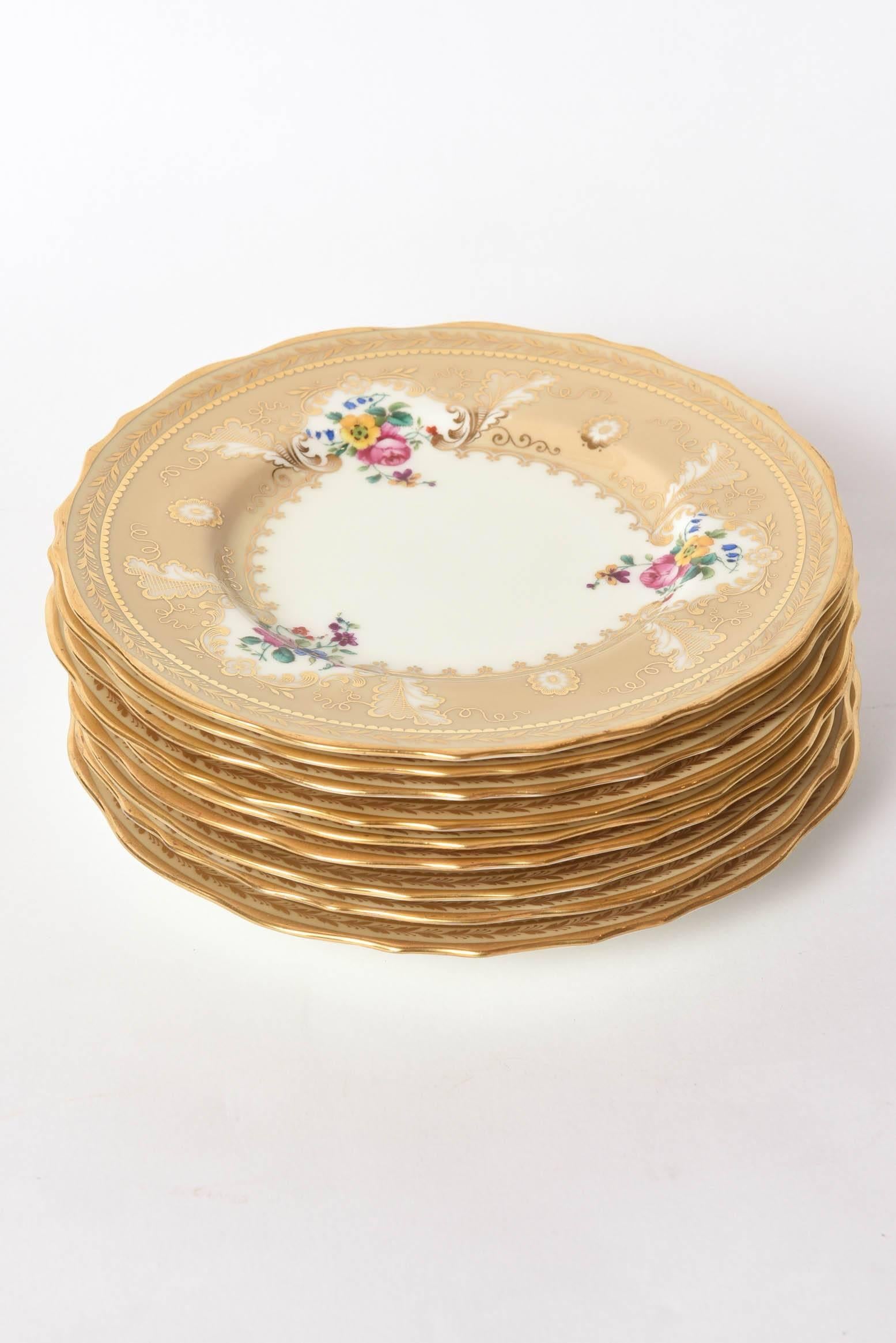 Ten Antique English Dessert Plates, a Pretty Scalloped Shape with Hand-Painting In Good Condition In West Palm Beach, FL