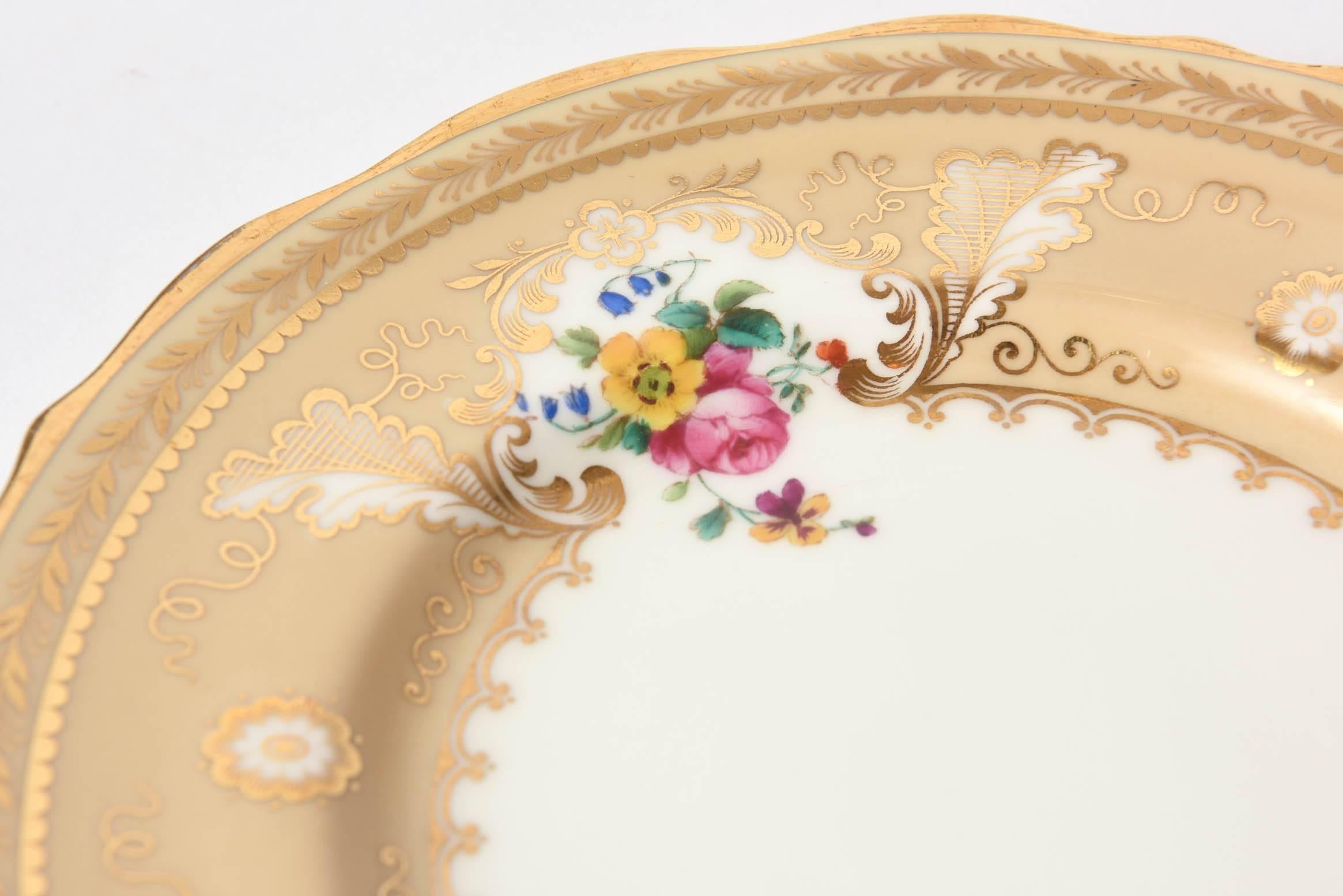Gold Ten Antique English Dessert Plates, a Pretty Scalloped Shape with Hand-Painting