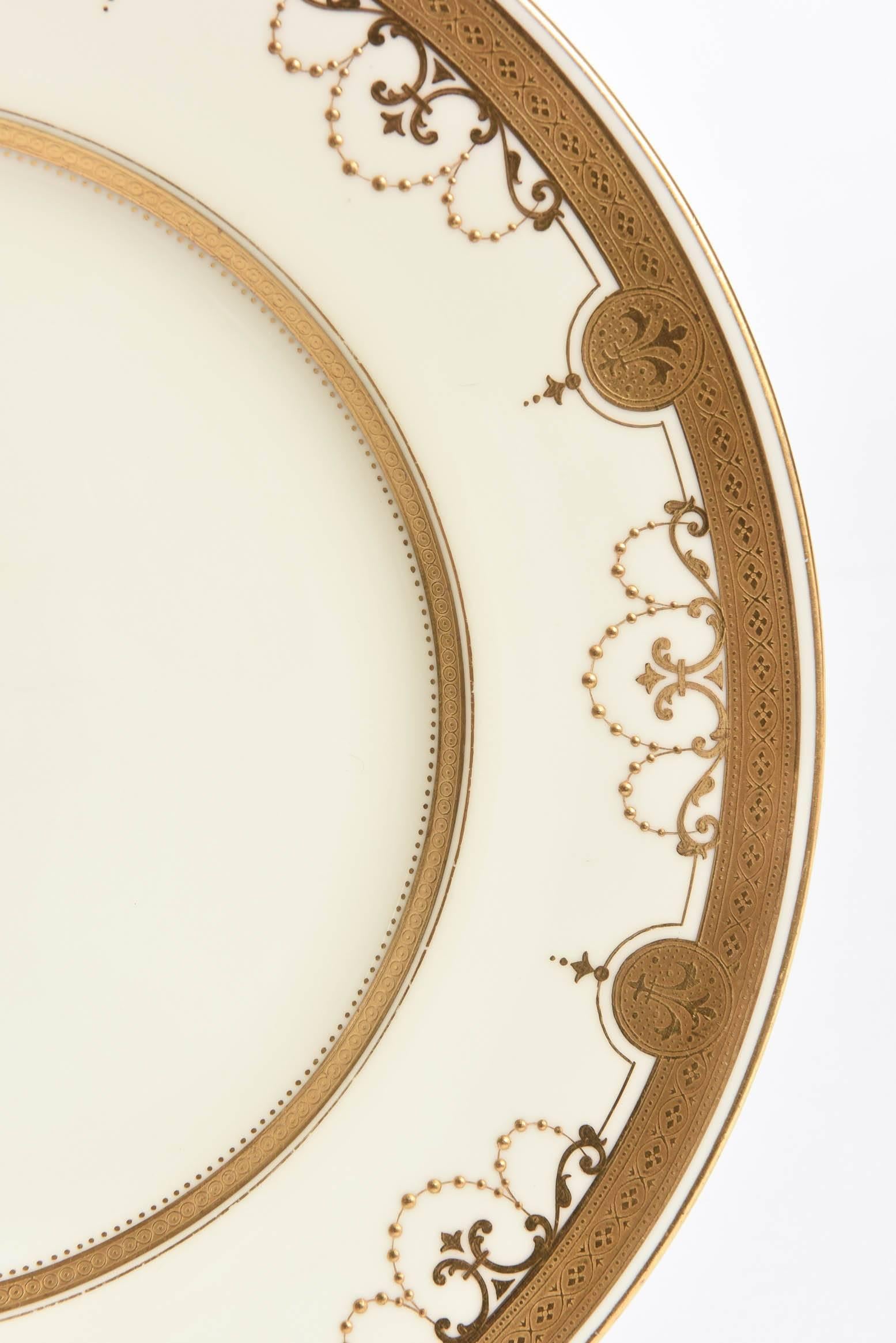 English 12 Antique Tiffany Dinner Plates, Heavy Gilt Encrusted Medallion Swag Design