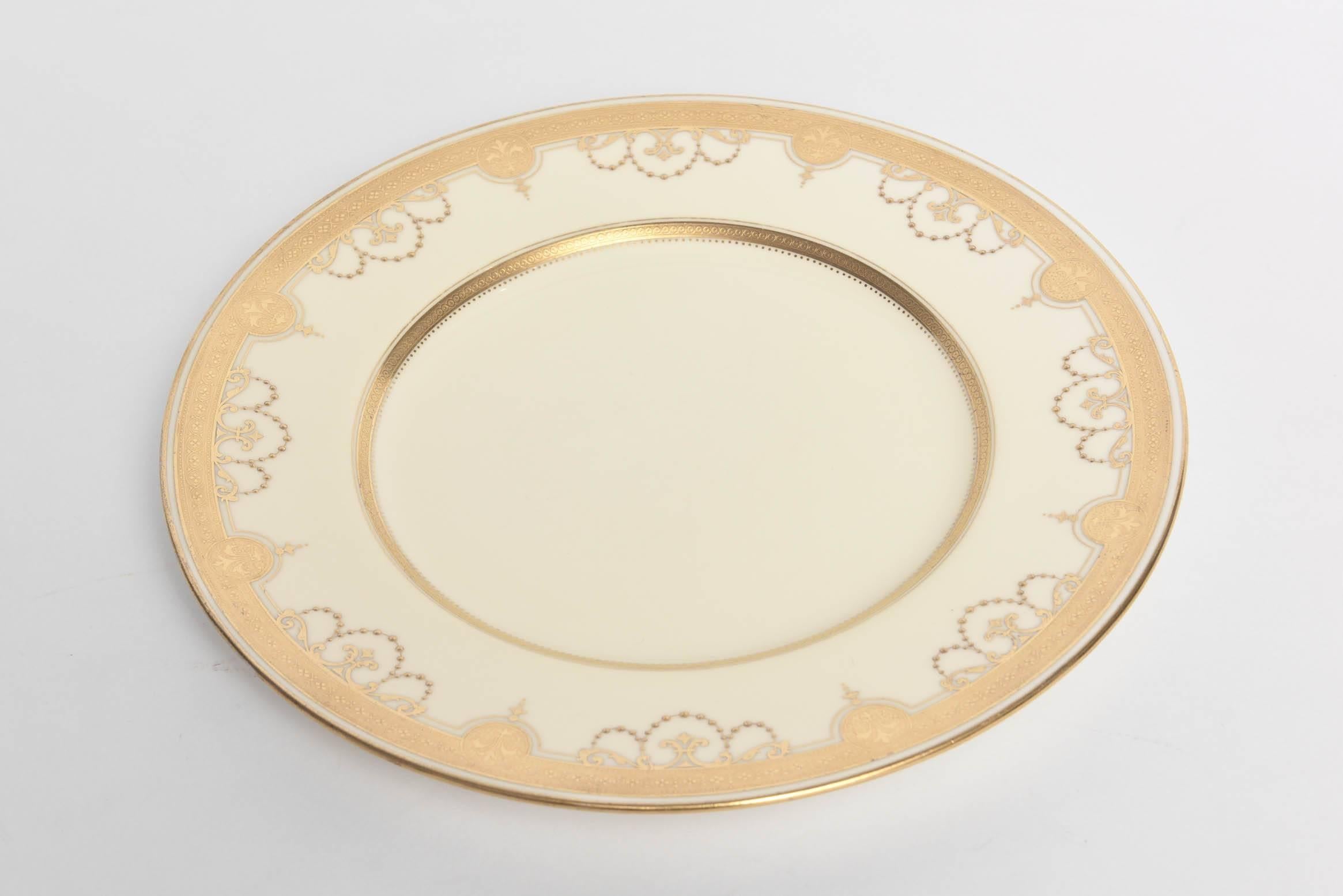 Hand-Crafted 12 Antique Tiffany Dinner Plates, Heavy Gilt Encrusted Medallion Swag Design