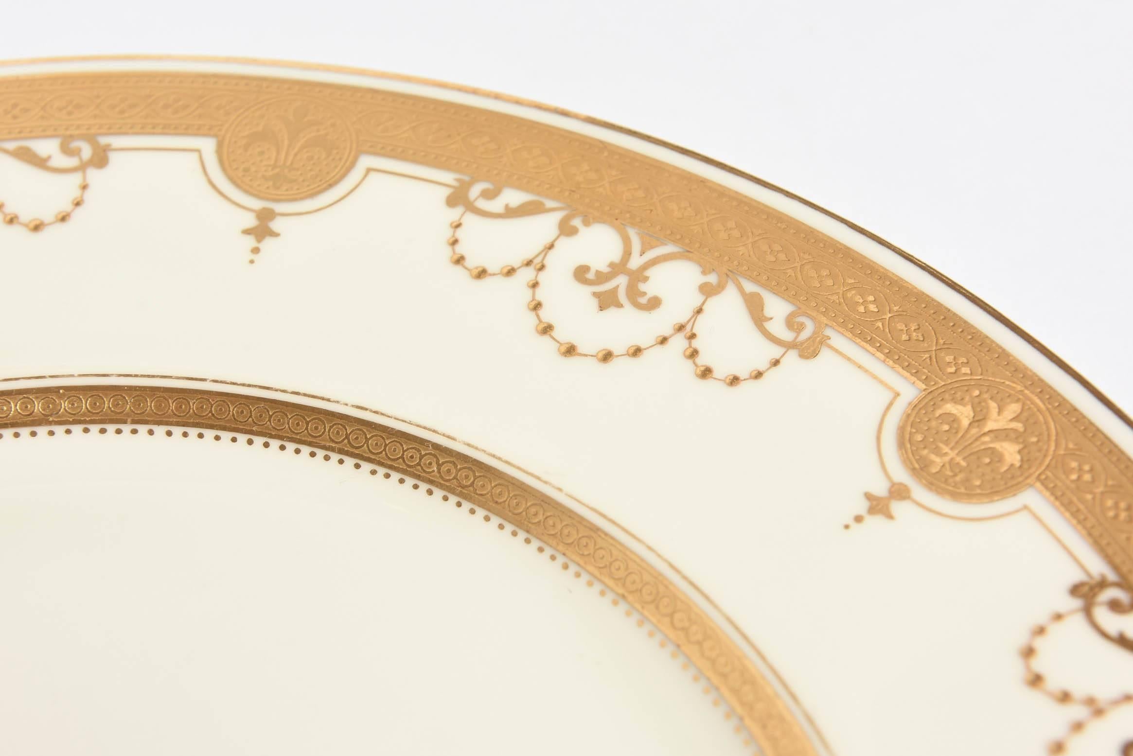Gold 12 Antique Tiffany Dinner Plates, Heavy Gilt Encrusted Medallion Swag Design