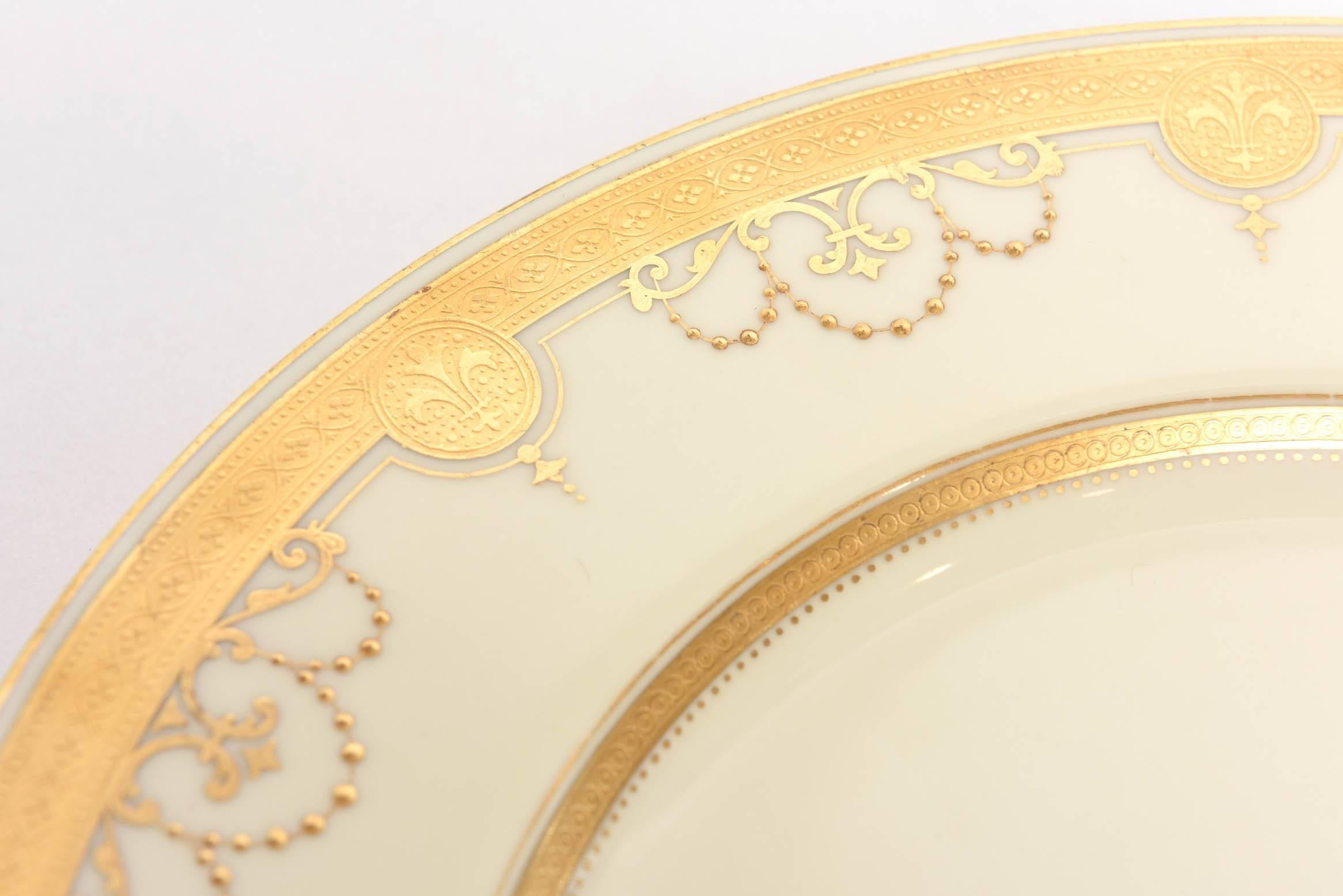 12 Antique Tiffany Dinner Plates, Heavy Gilt Encrusted Medallion Swag Design 1
