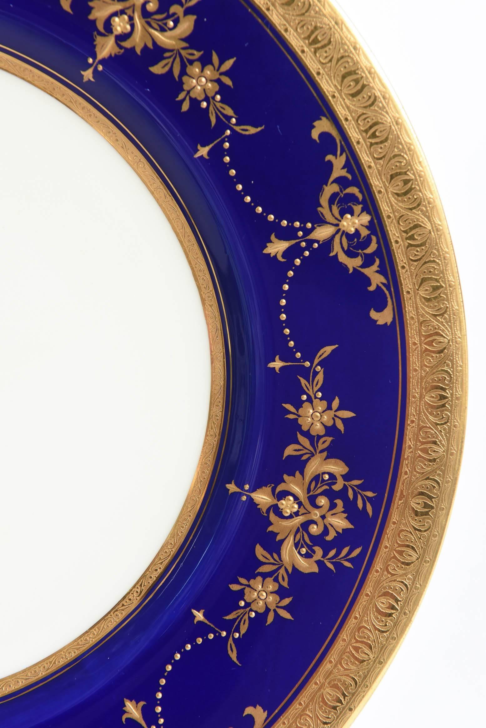 English SevenCobalt Blue & Elaborate Raised Gilt Bead Swag Dinner or Presentation Plates