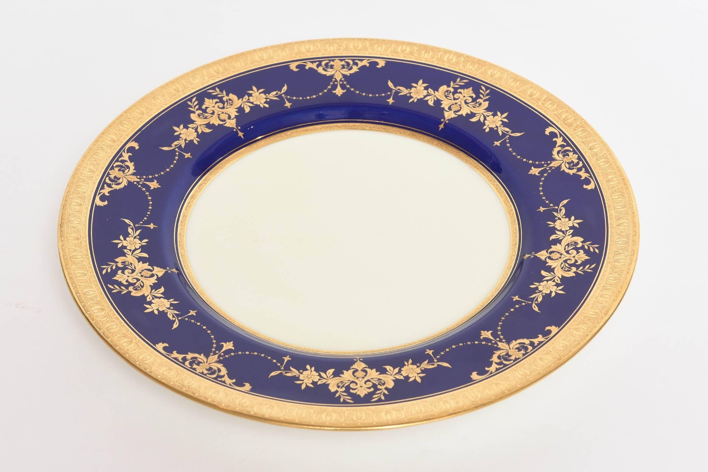 Hand-Crafted SevenCobalt Blue & Elaborate Raised Gilt Bead Swag Dinner or Presentation Plates