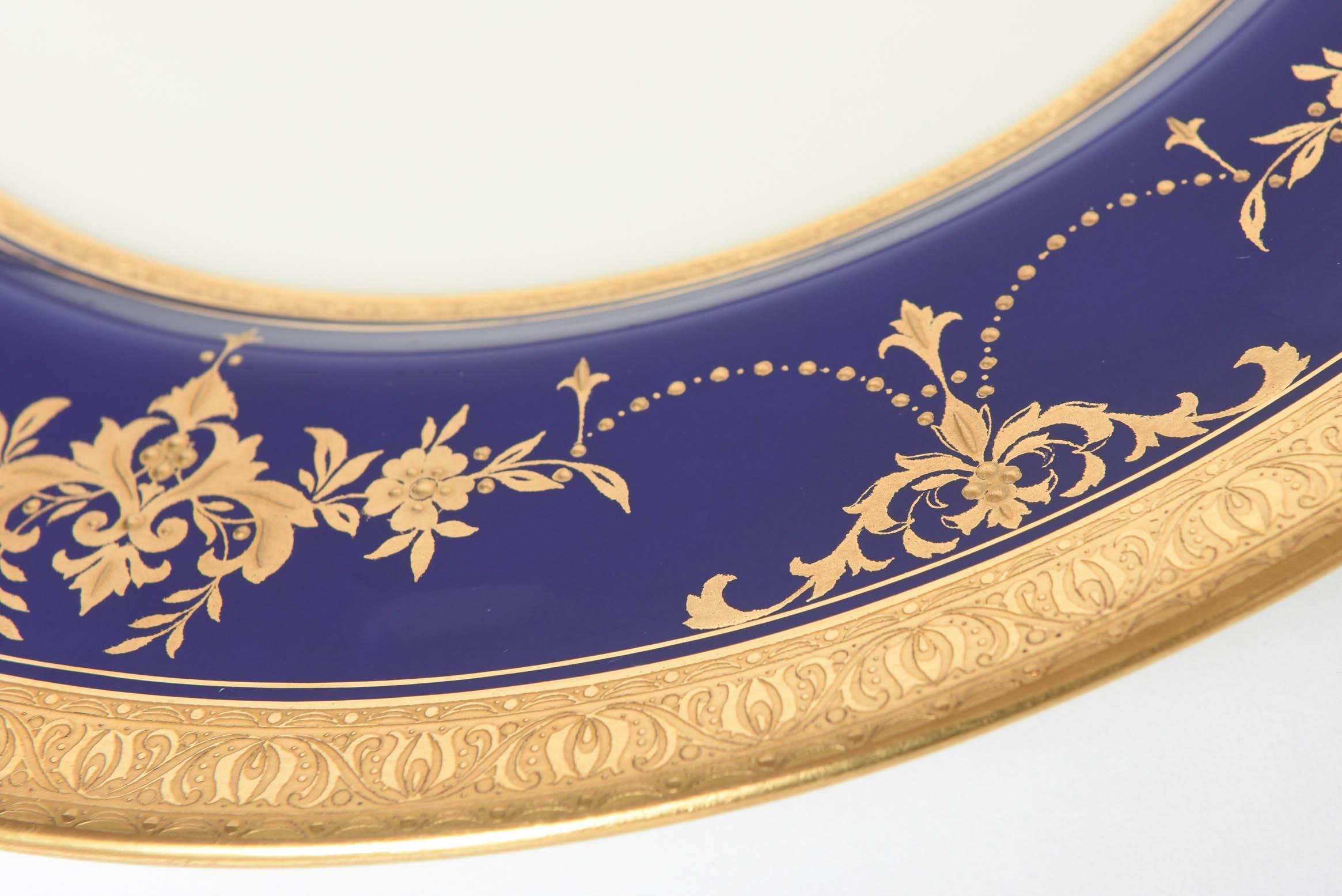 Gold SevenCobalt Blue & Elaborate Raised Gilt Bead Swag Dinner or Presentation Plates