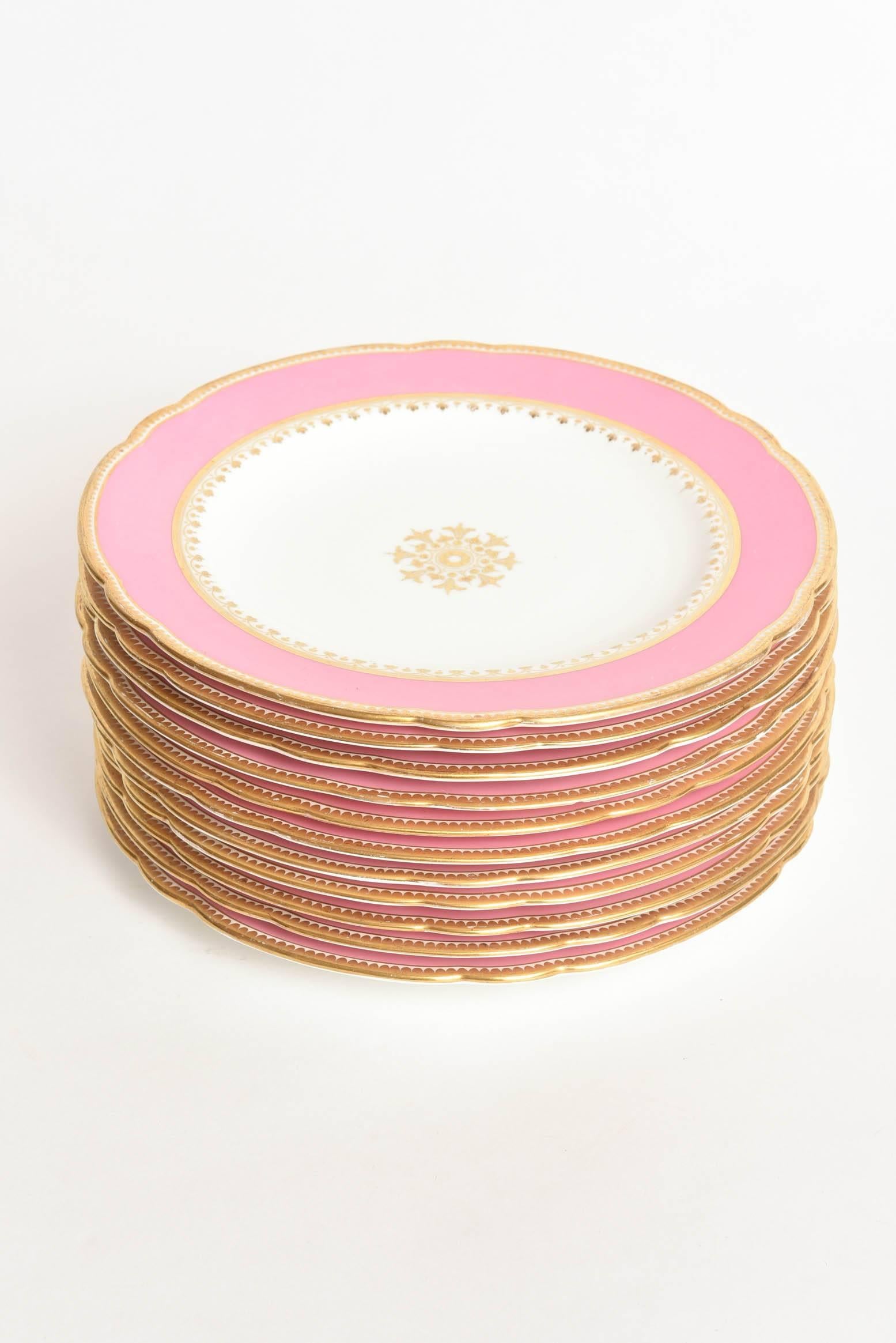 Victorian 12 Antique Pink and Gold Dessert Plates, Gilt Centre Medallion