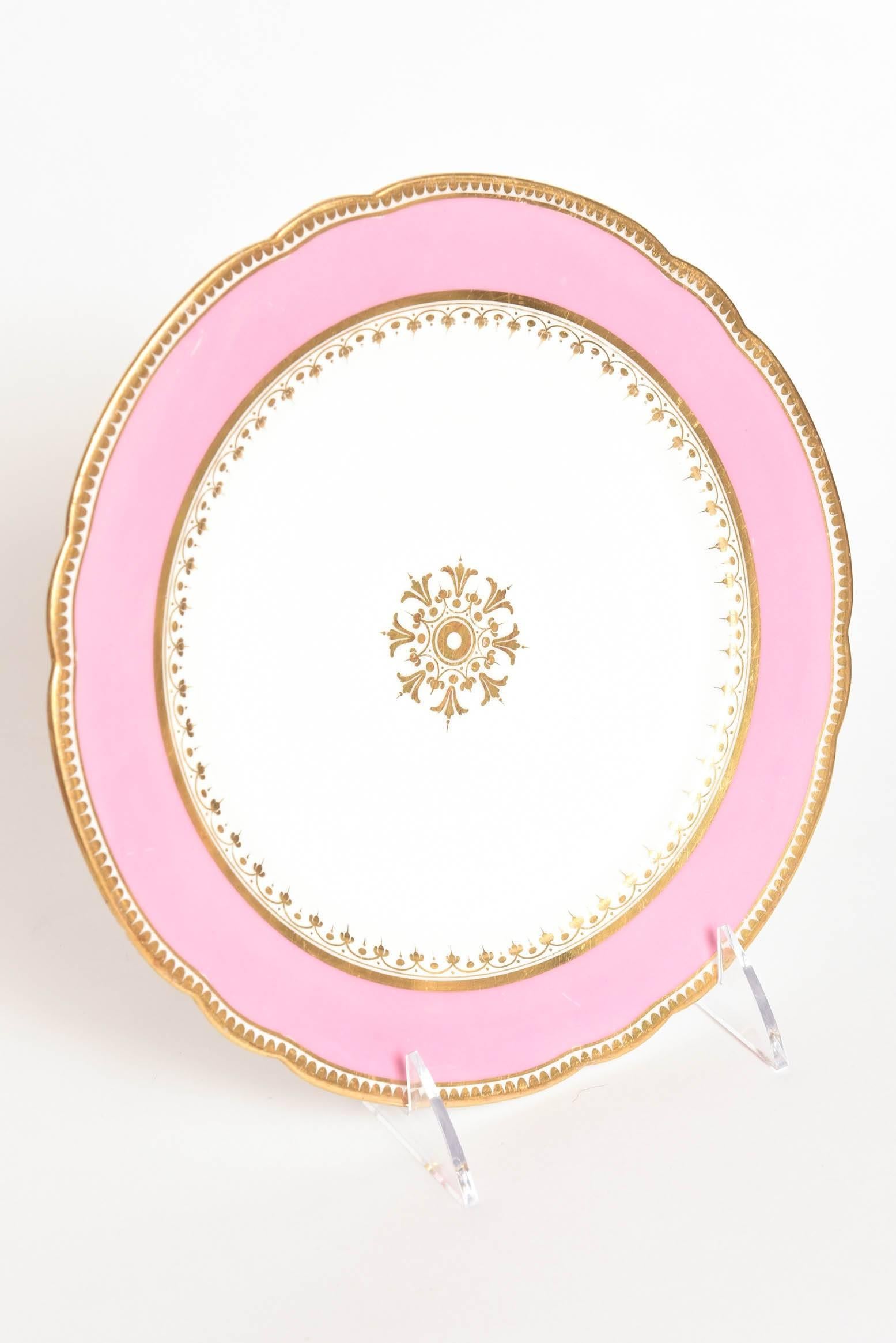 Hand-Crafted 12 Antique Pink and Gold Dessert Plates, Gilt Centre Medallion