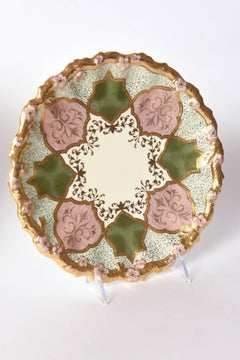 12 Exquisite and Stunning Plates, Pink and Green, Raised Gilt Encrusted, Scallop