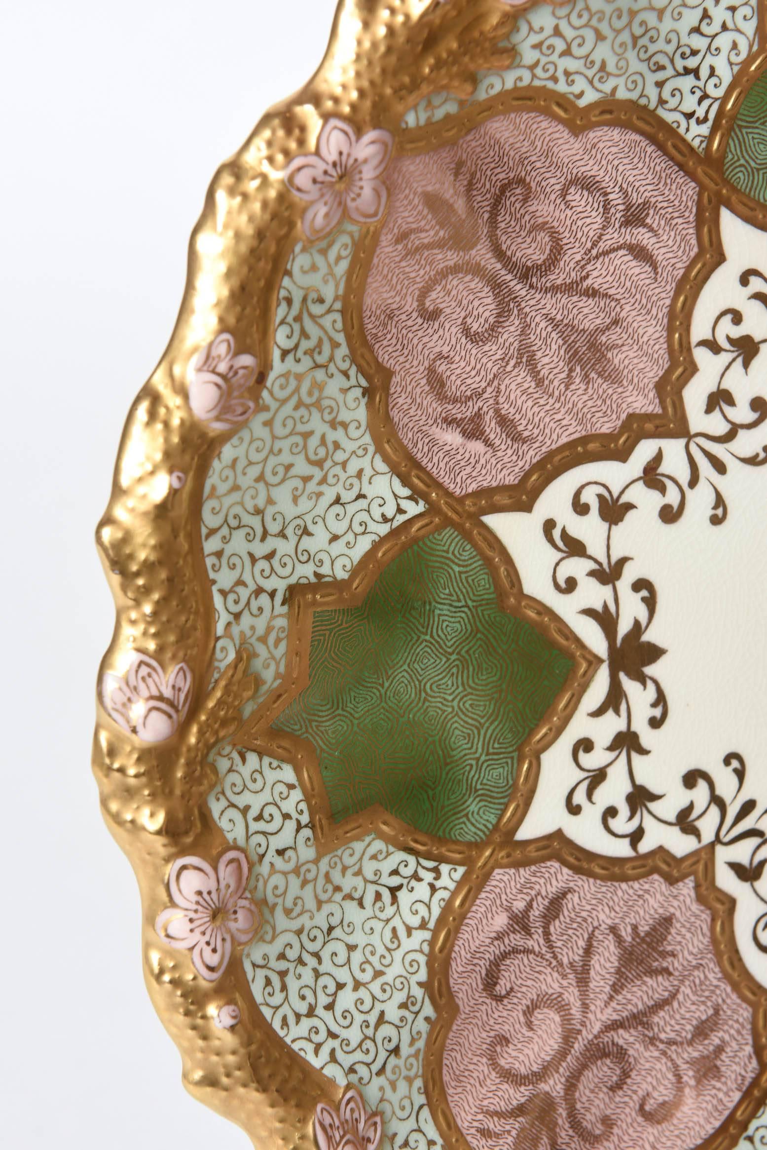 English 12 Exquisite and Stunning Plates, Pink and Green, Raised Gilt Encrusted, Scallop