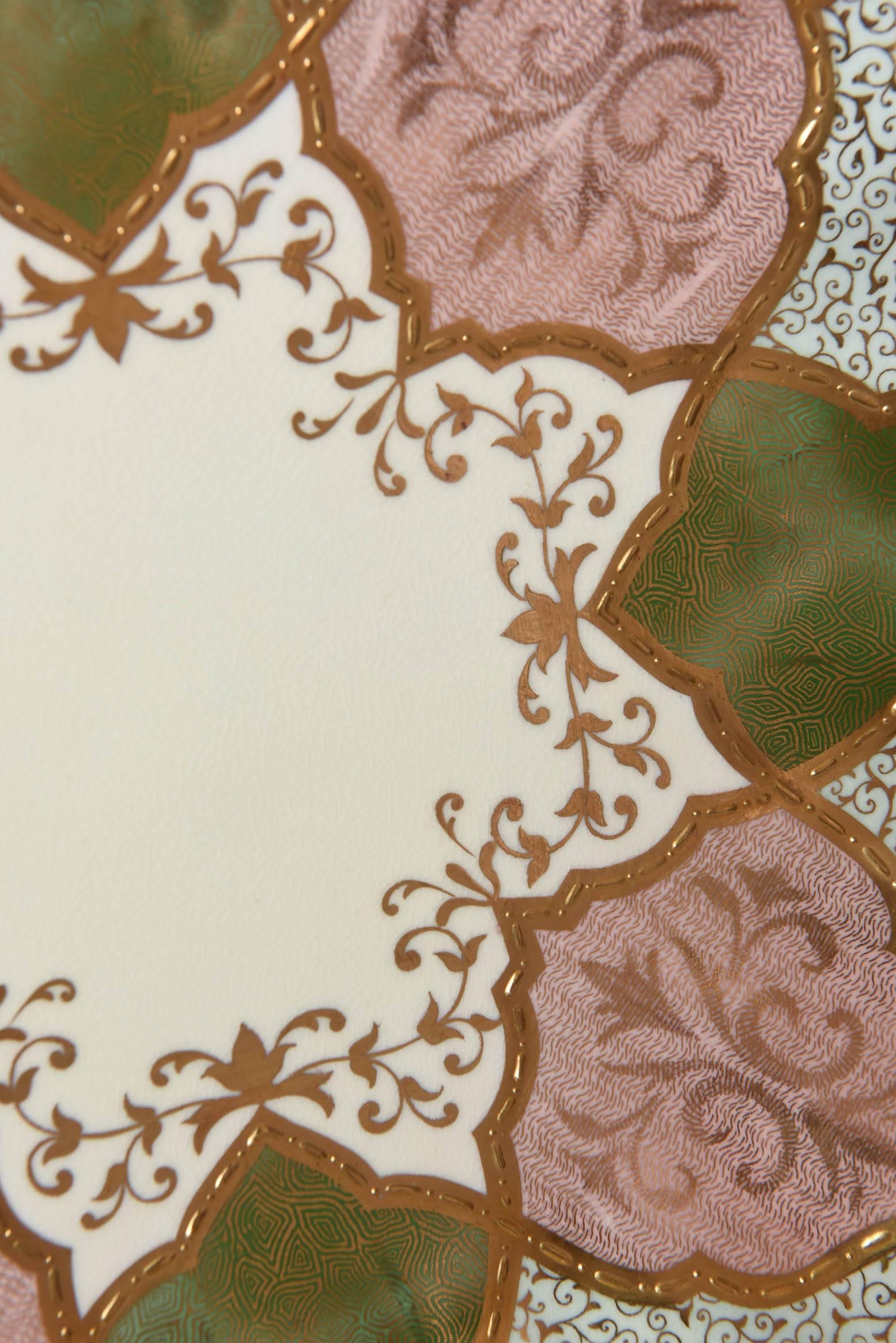 Hand-Crafted 12 Exquisite and Stunning Plates, Pink and Green, Raised Gilt Encrusted, Scallop