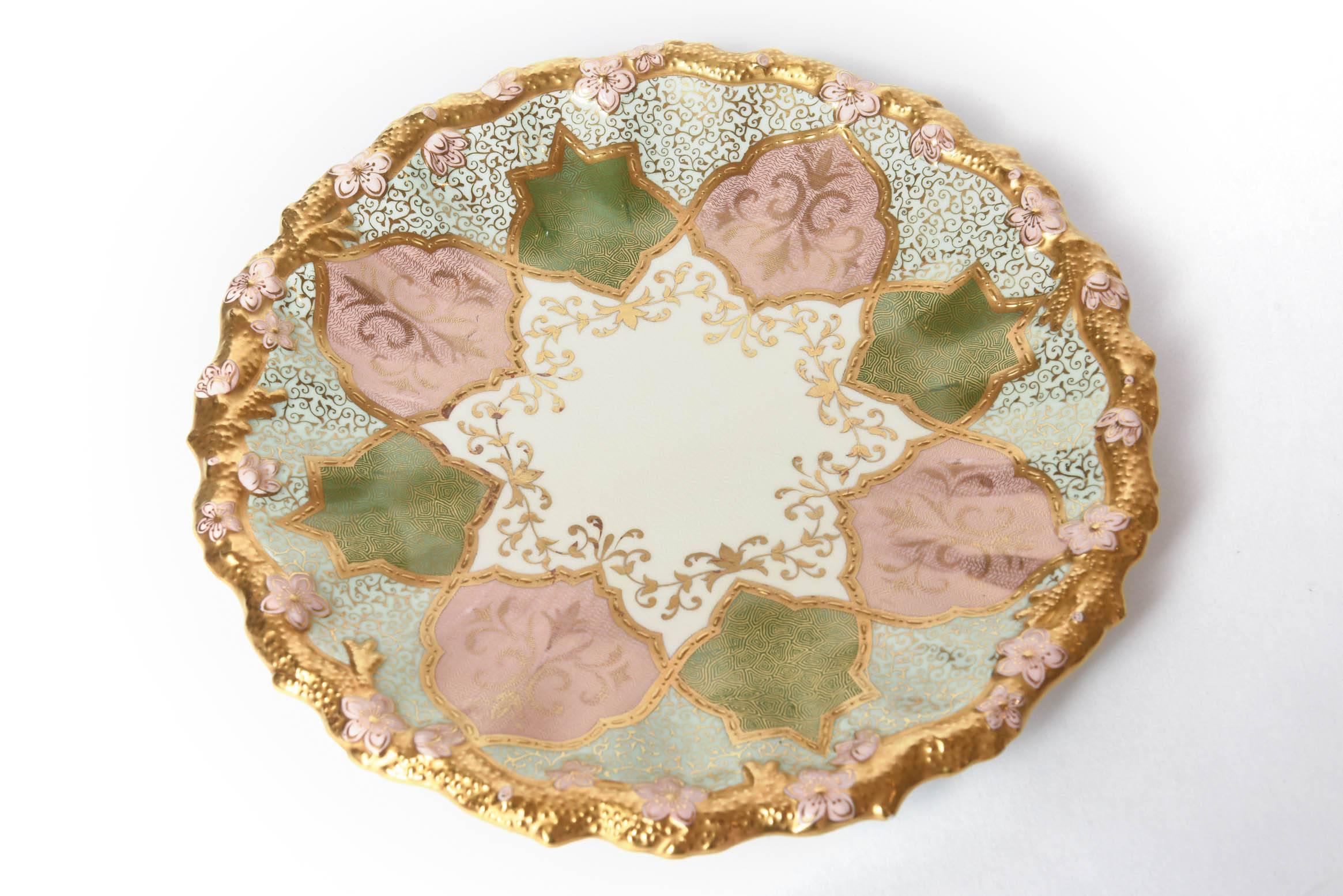 12 Exquisite and Stunning Plates, Pink and Green, Raised Gilt Encrusted, Scallop In Good Condition In West Palm Beach, FL
