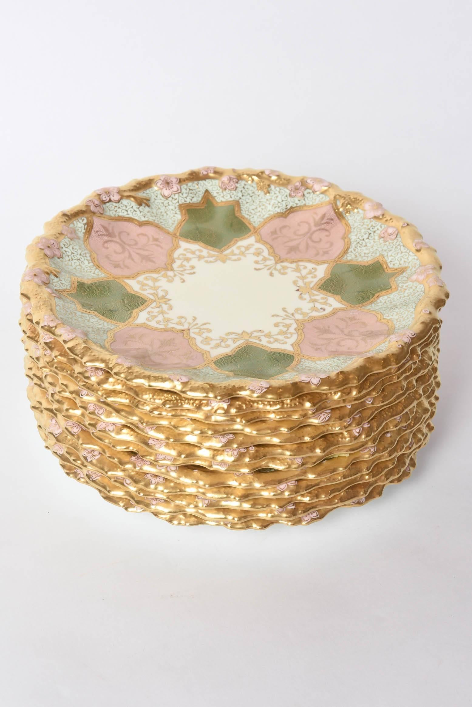 Gold 12 Exquisite and Stunning Plates, Pink and Green, Raised Gilt Encrusted, Scallop
