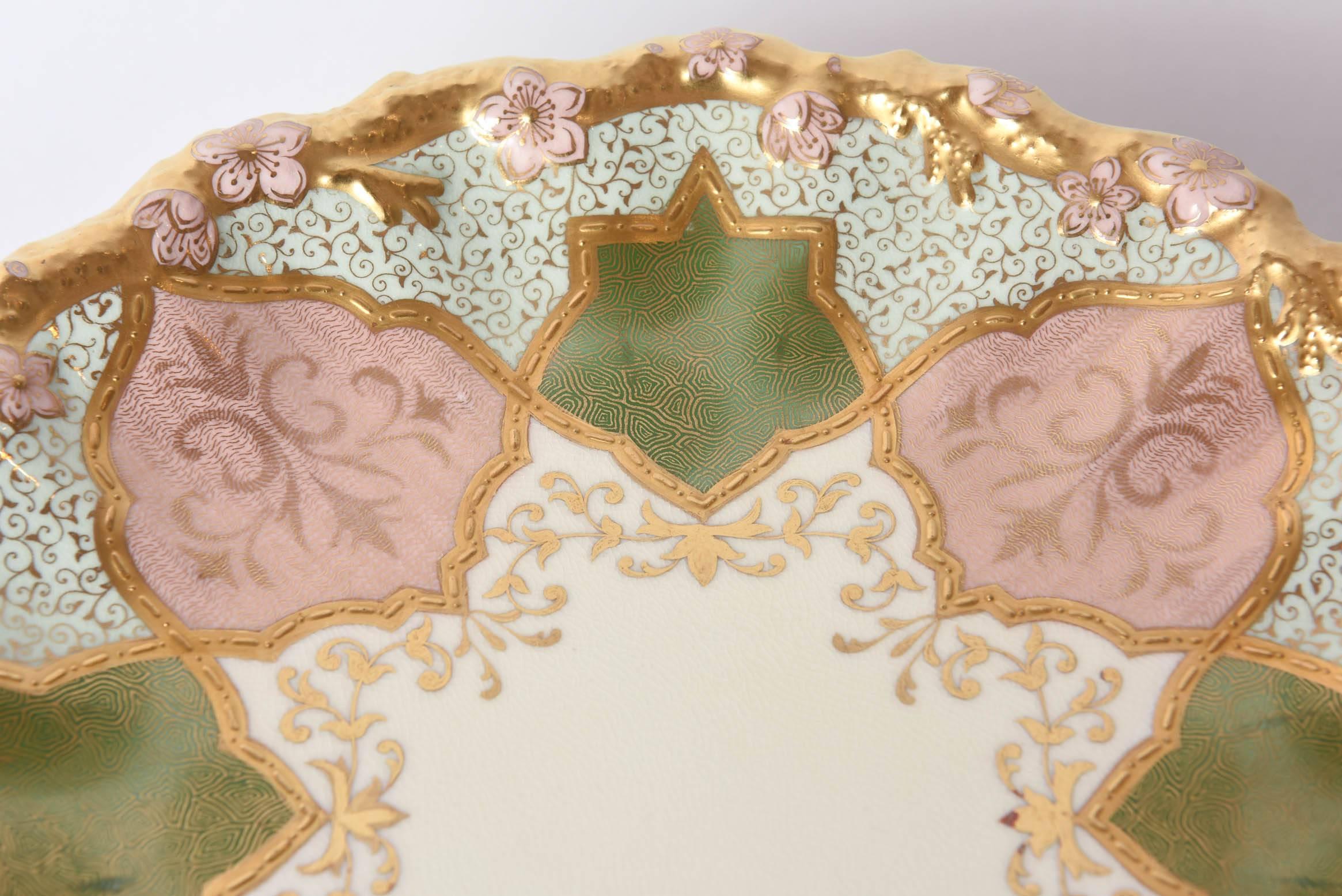 12 Exquisite and Stunning Plates, Pink and Green, Raised Gilt Encrusted, Scallop 1