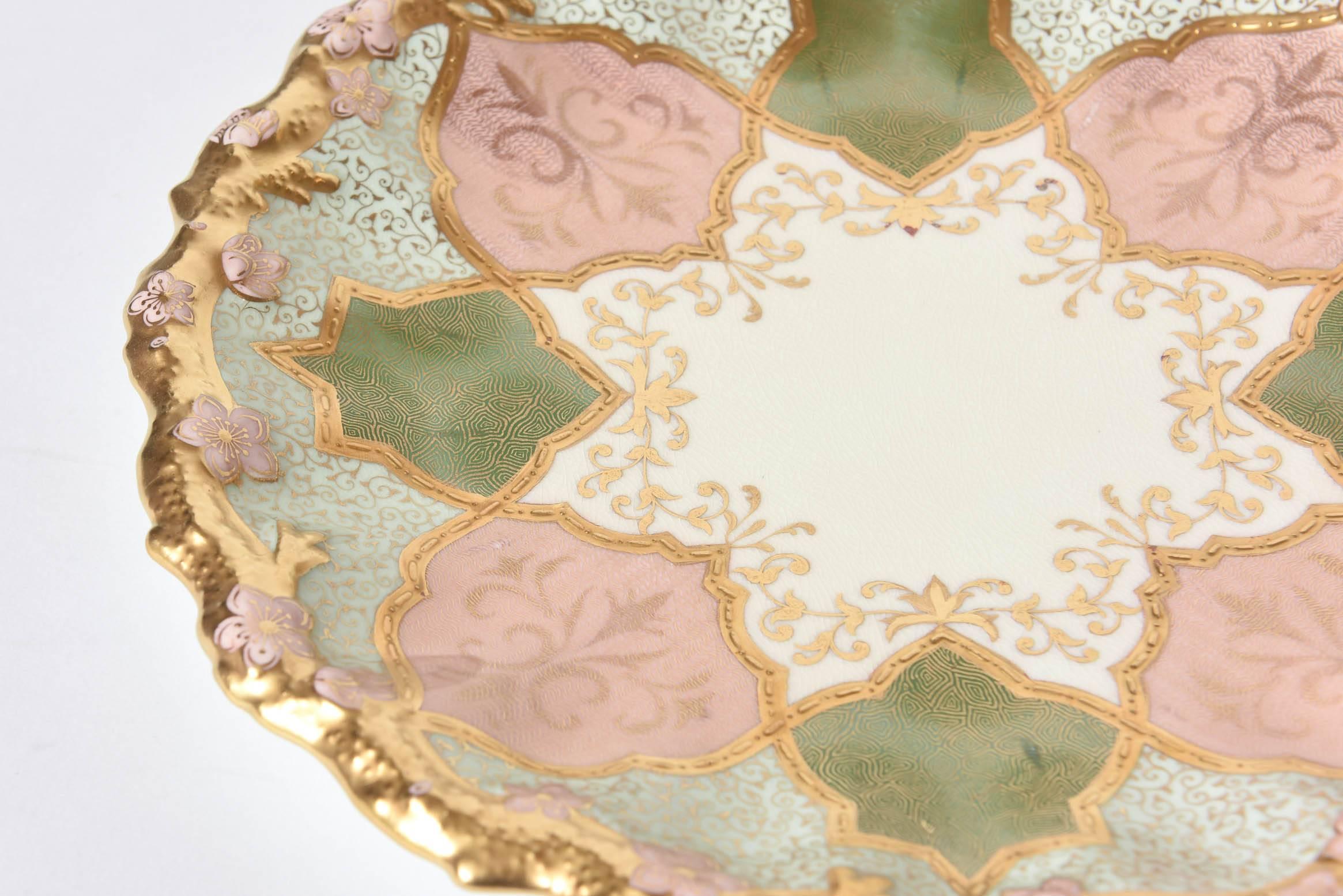 12 Exquisite and Stunning Plates, Pink and Green, Raised Gilt Encrusted, Scallop 3
