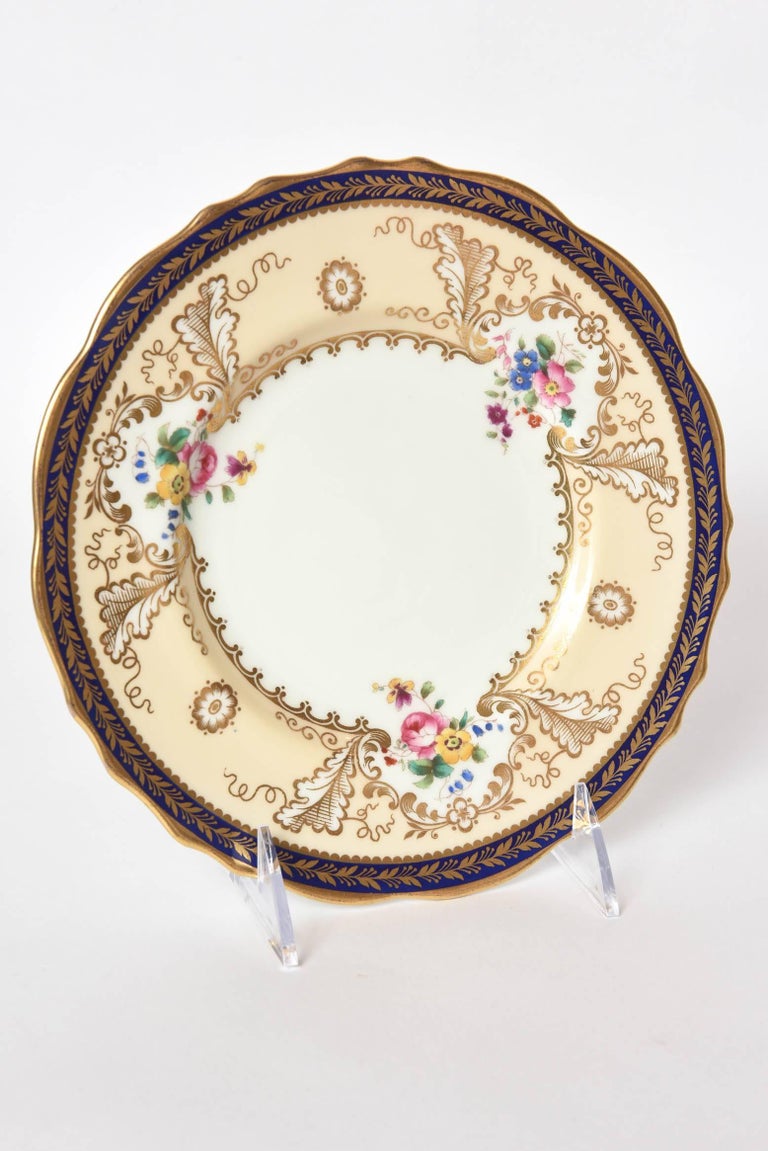 12 Antique English Dessert Plates, Cobalt Blue and HandPainted Florals
