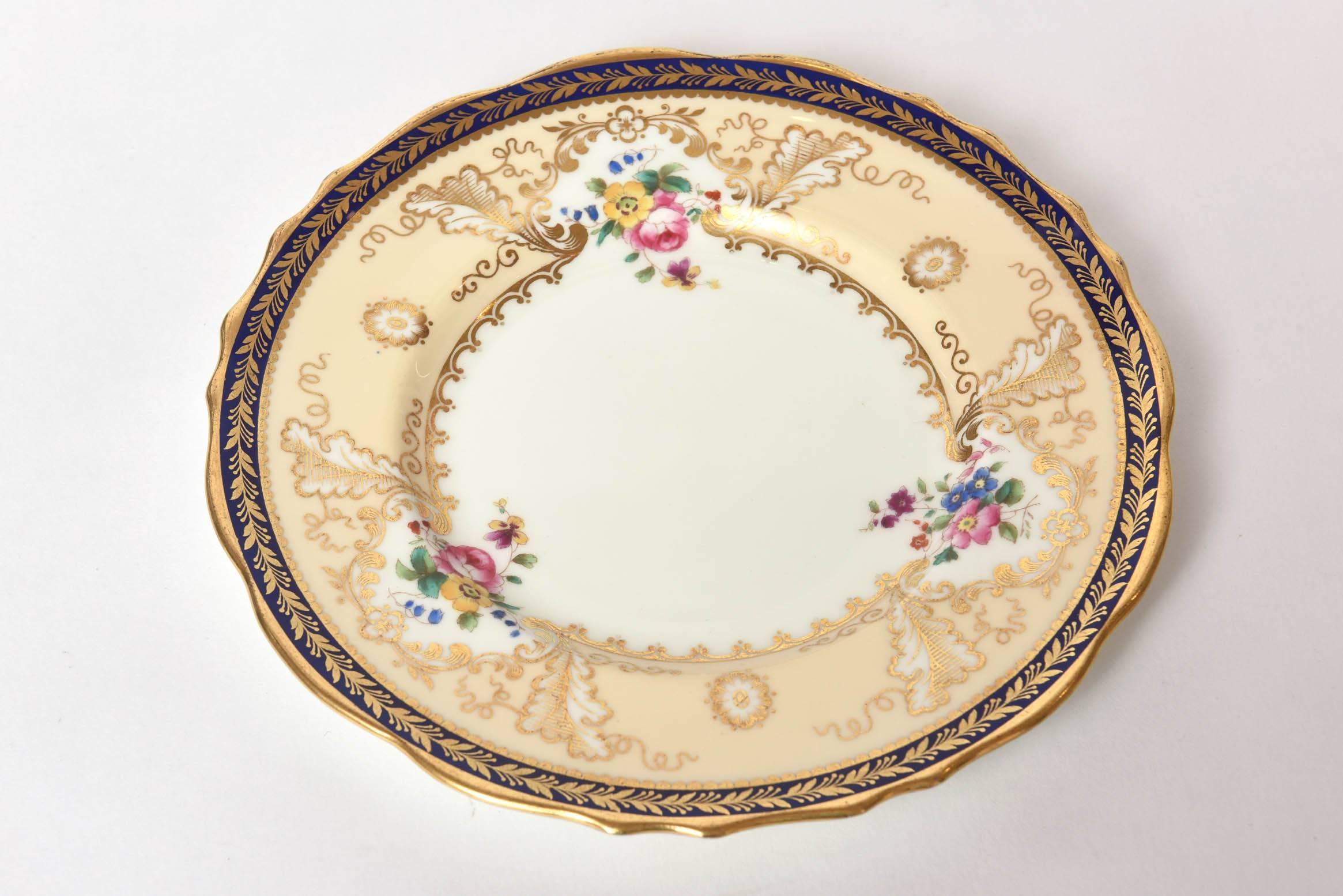 Hand-Crafted 12 Antique English Dessert Plates, Cobalt Blue and Hand-Painted Florals Tiffany For Sale