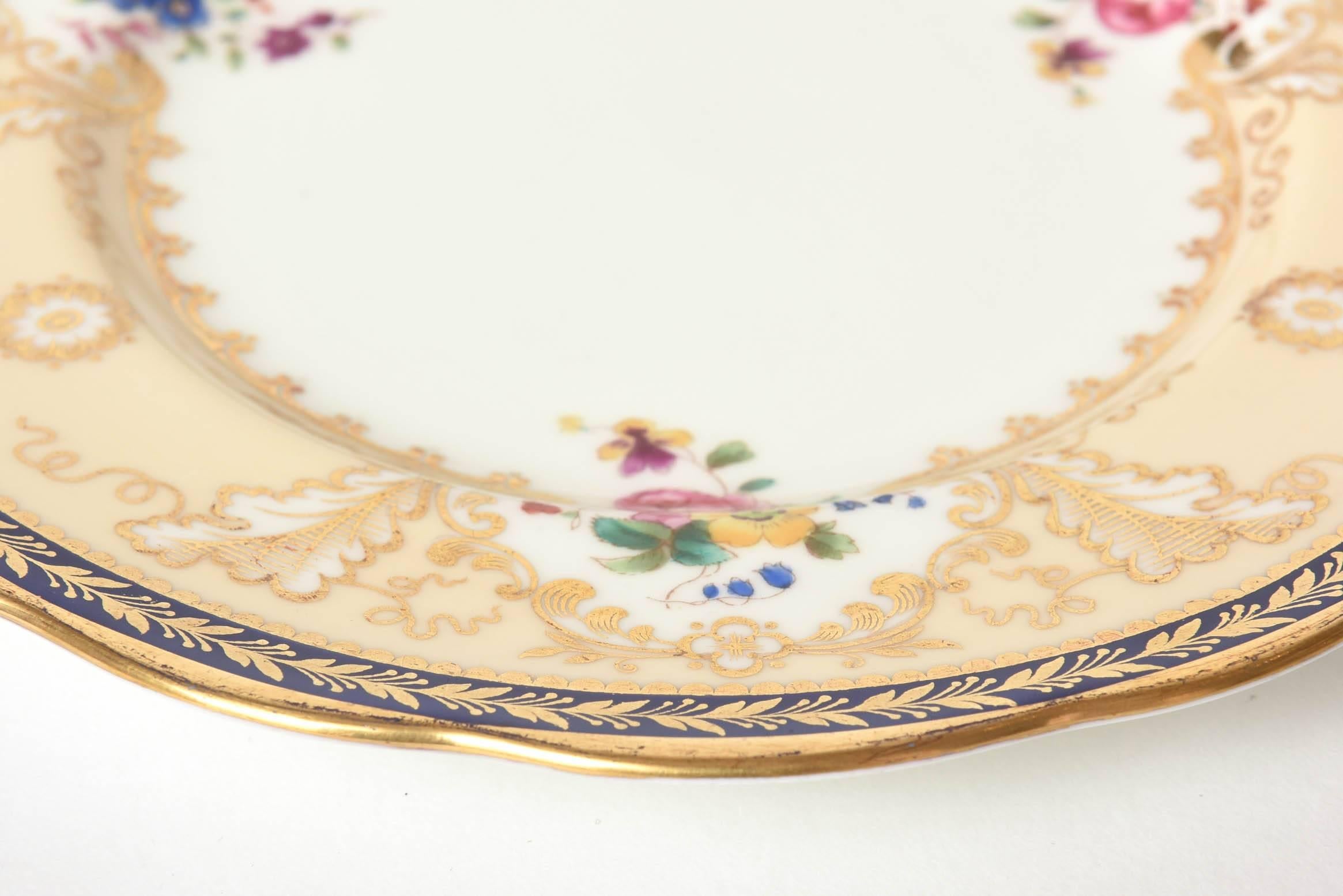 Early 20th Century 12 Antique English Dessert Plates, Cobalt Blue and Hand-Painted Florals Tiffany For Sale