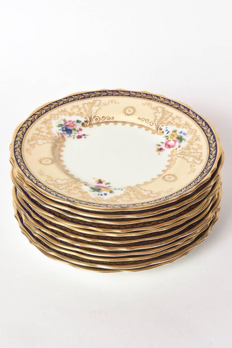12 Antique English Dessert Plates, Cobalt Blue and HandPainted Florals