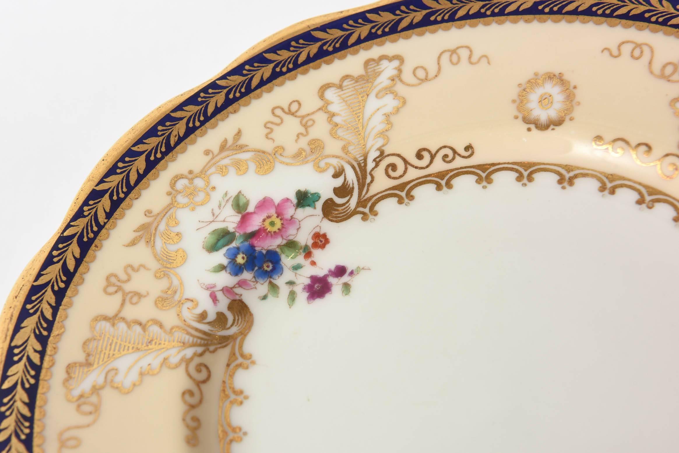 12 Antique English Dessert Plates, Cobalt Blue and Hand-Painted Florals Tiffany For Sale 1