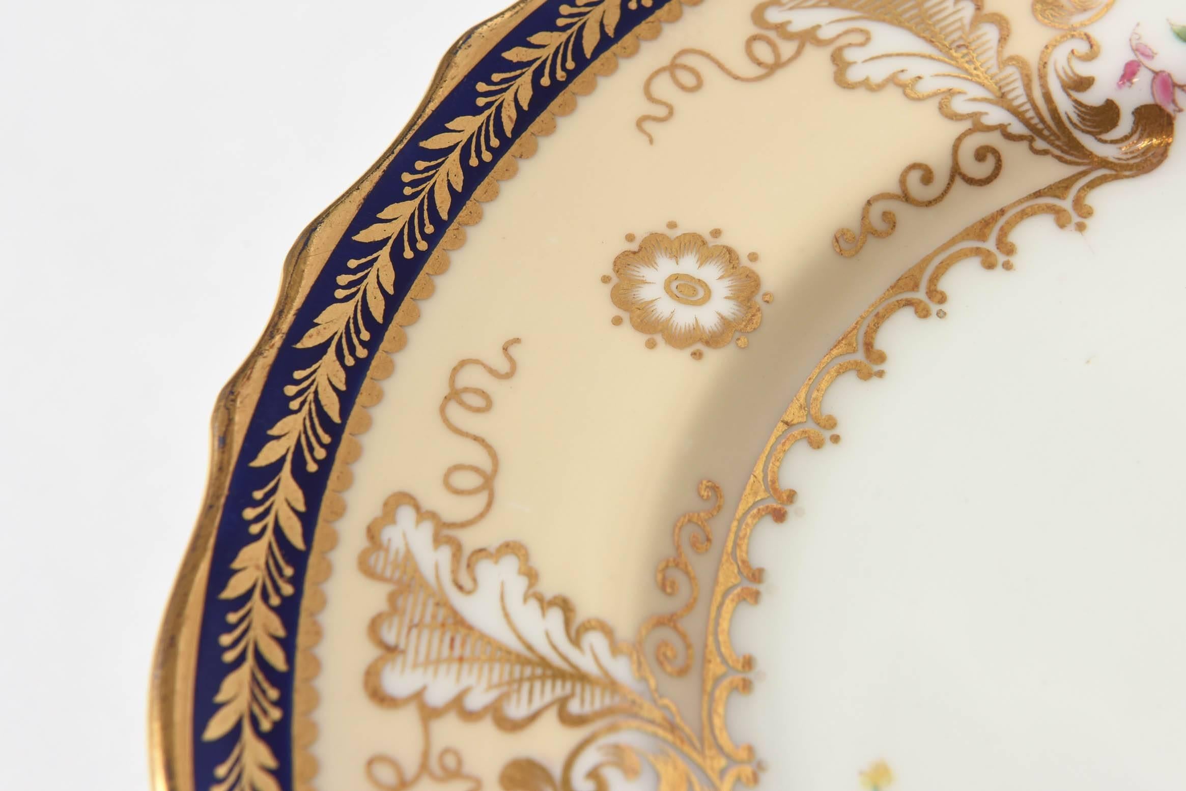 12 Antique English Dessert Plates, Cobalt Blue and Hand-Painted Florals Tiffany For Sale 2