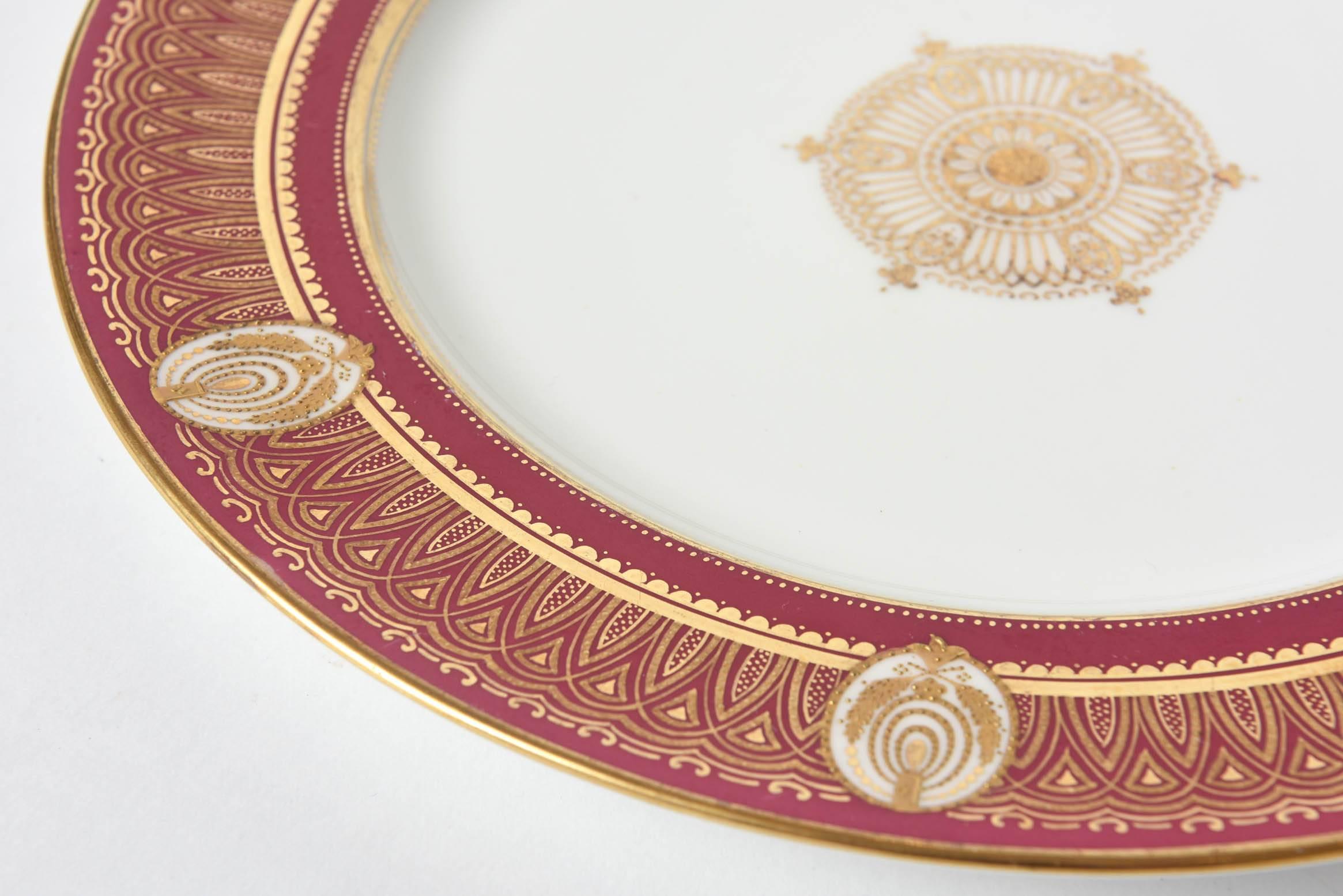 English Stunning Ruby Red & Gilt Dinner Plates, Gold Medallion Centers, Raised Detail.11