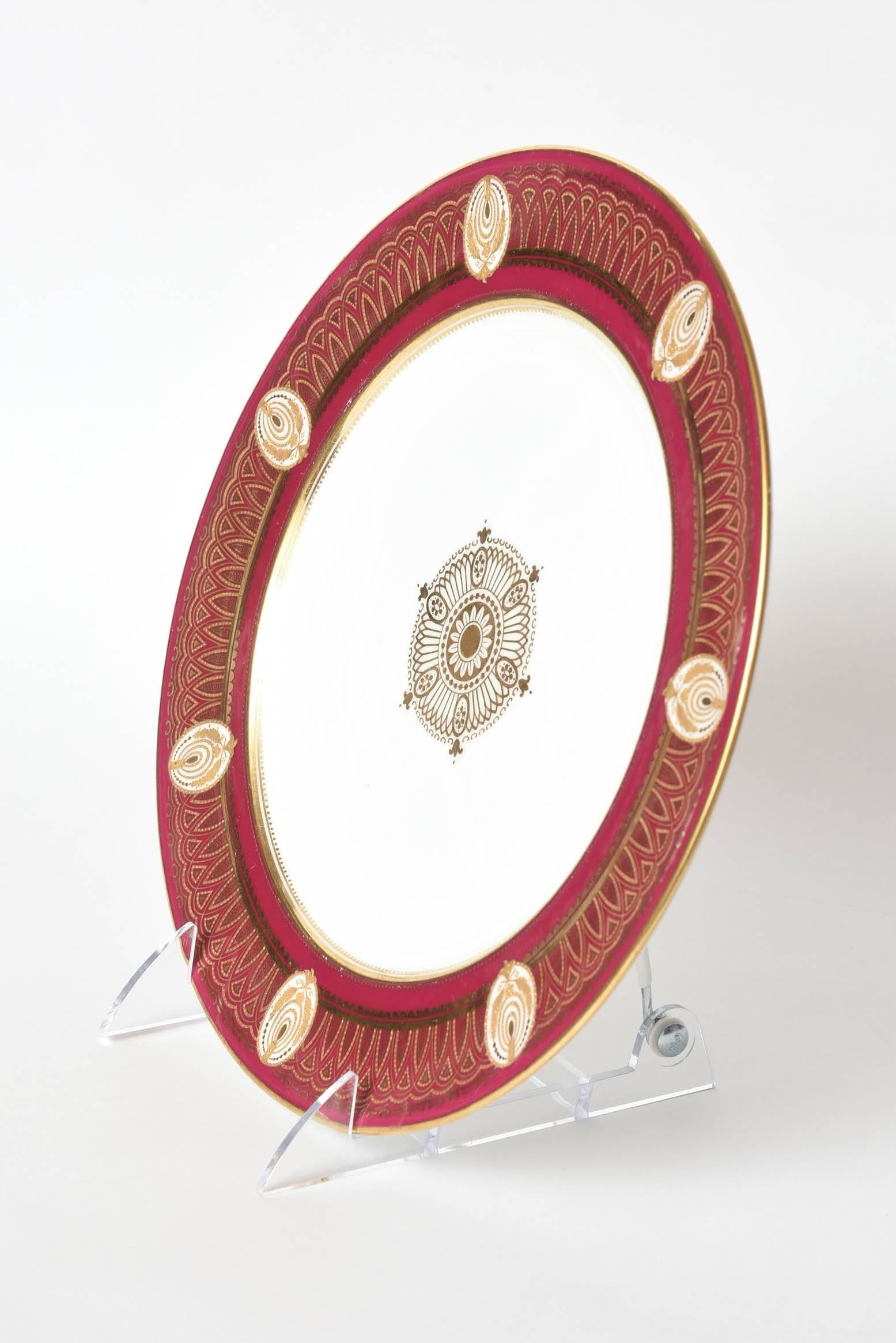 Late 19th Century Stunning Ruby Red & Gilt Dinner Plates, Gold Medallion Centers, Raised Detail.11
