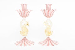 Pair of Venetian Pink White with Figural Swan Candlesticks, Latticino Swirls