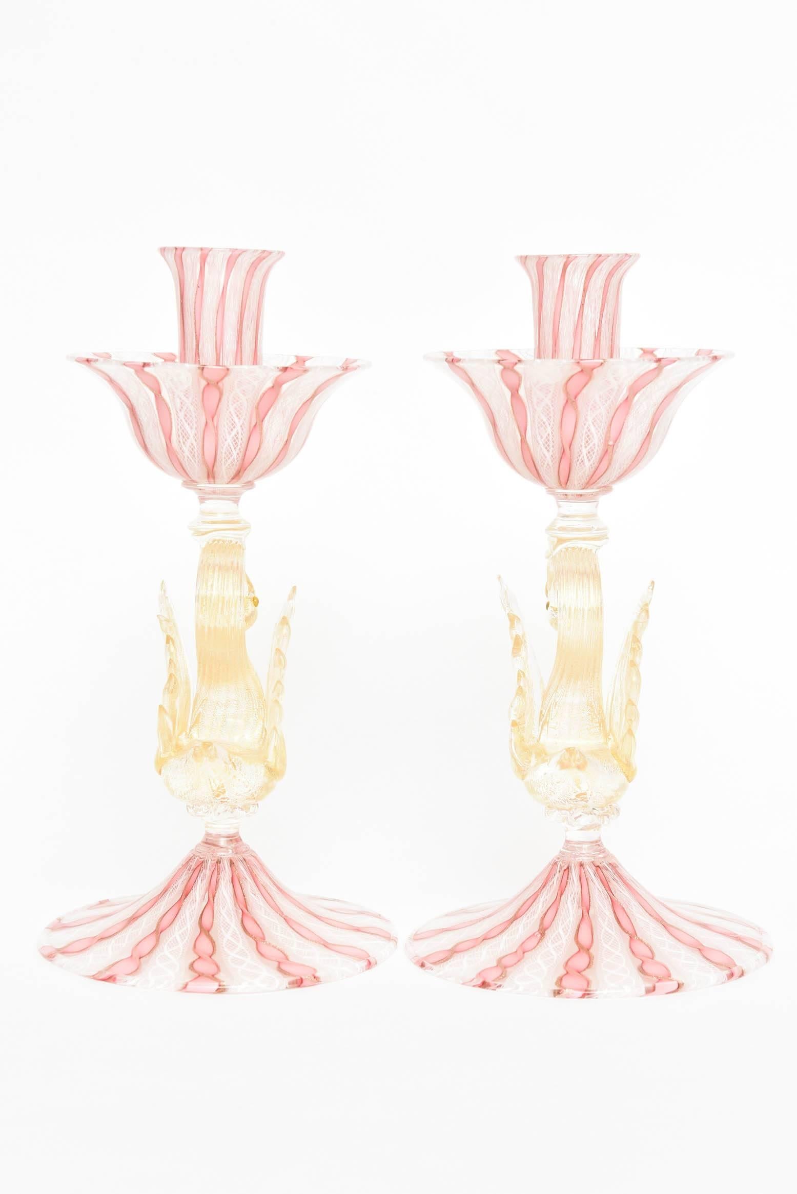 Italian Pair of Venetian Pink White with Figural Swan Candlesticks, Latticino Swirls