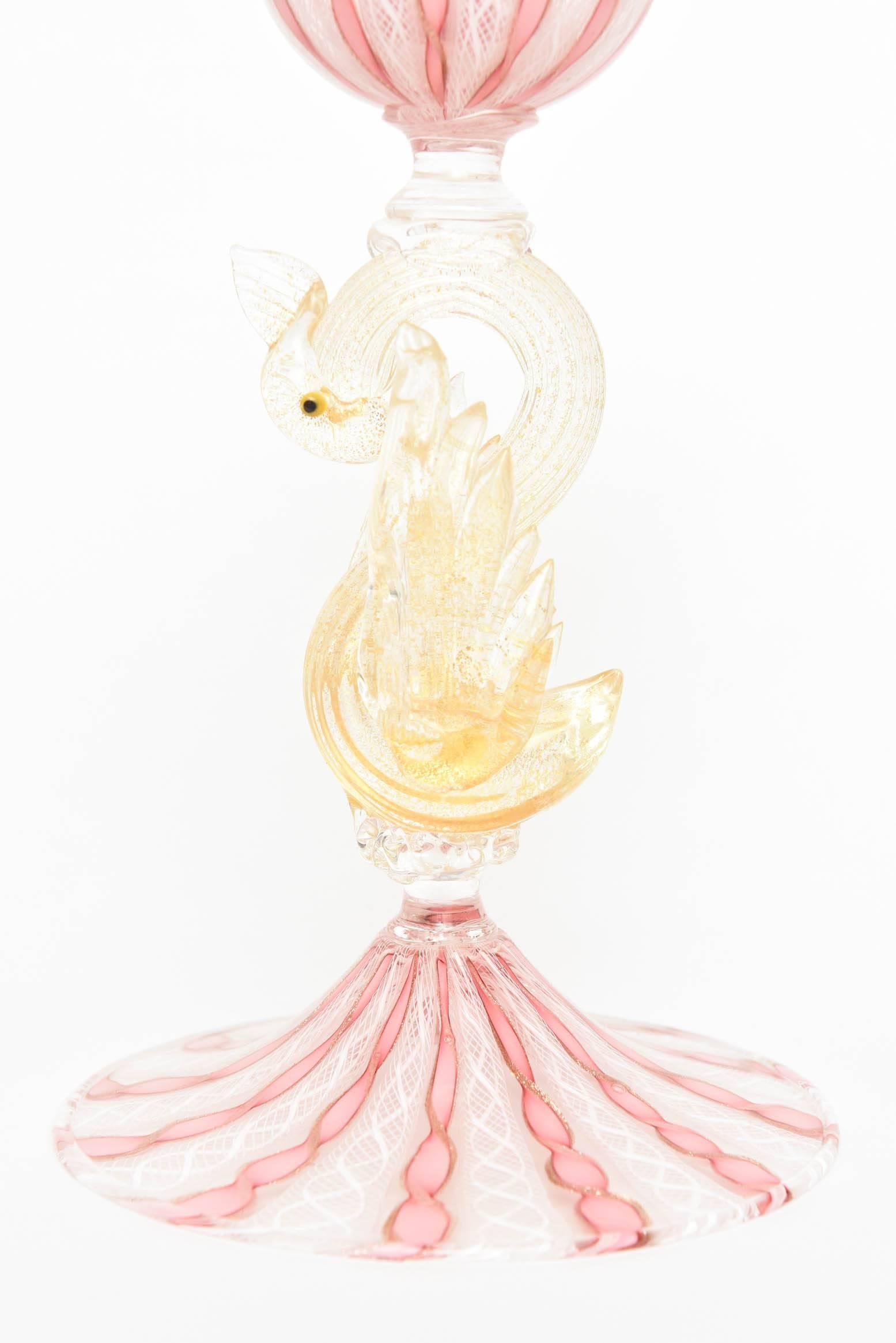 Hand-Crafted Pair of Venetian Pink White with Figural Swan Candlesticks, Latticino Swirls