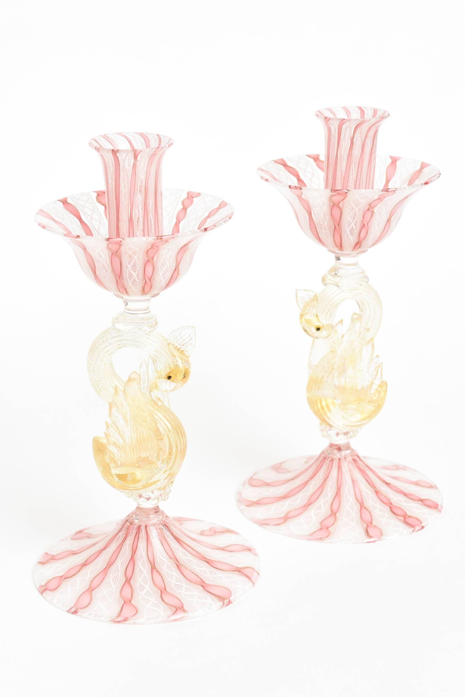 Gold Pair of Venetian Pink White with Figural Swan Candlesticks, Latticino Swirls