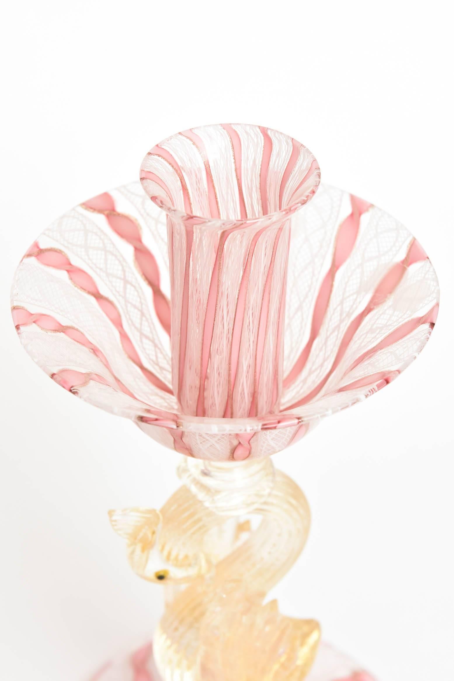 Pair of Venetian Pink White with Figural Swan Candlesticks, Latticino Swirls 1