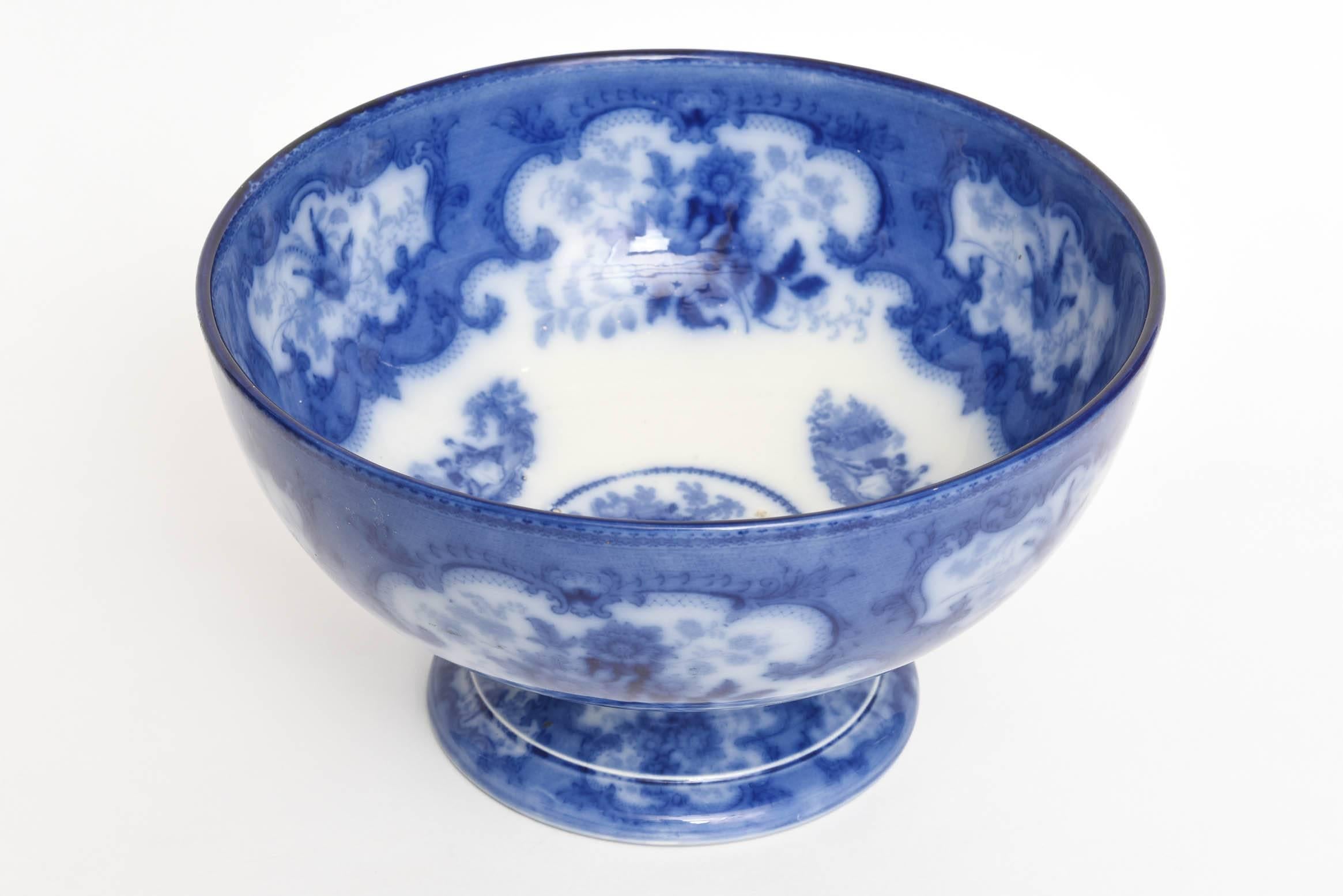 Hand-Crafted Antique Flo Blue Punch Bowl, Royal Doulton, Game Bird, Scenic, Strong Blue