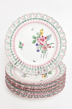 12 Luneville, France Reticulated Hand-Painted Plates, Rare Pink Green Collars