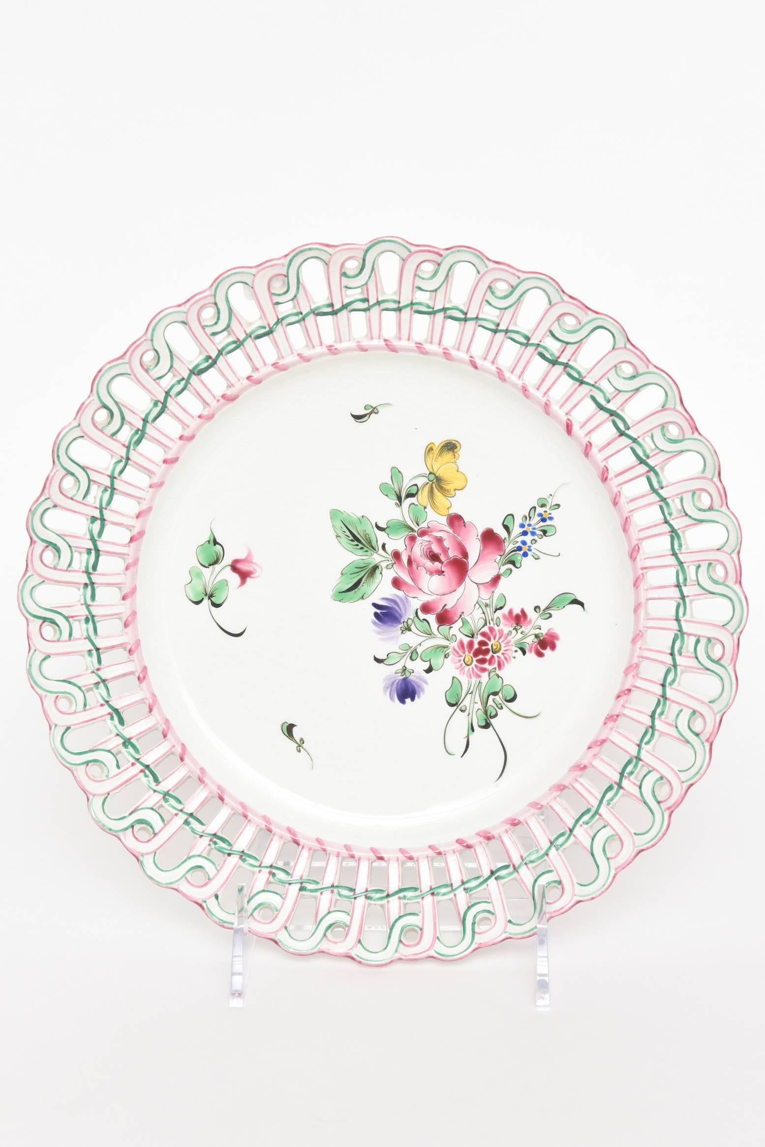 French Provincial 12 Luneville, France Reticulated Hand-Painted Plates, Rare Pink Green Collars