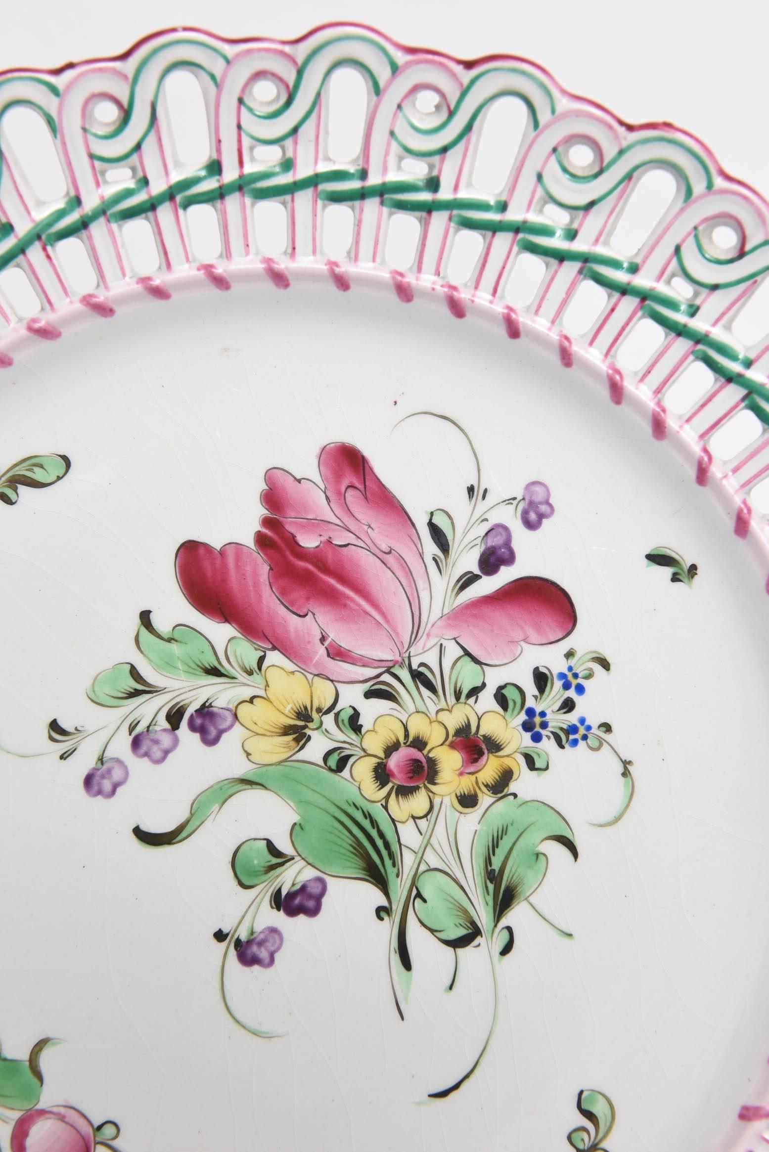 Hand-Crafted 12 Luneville, France Reticulated Hand-Painted Plates, Rare Pink Green Collars