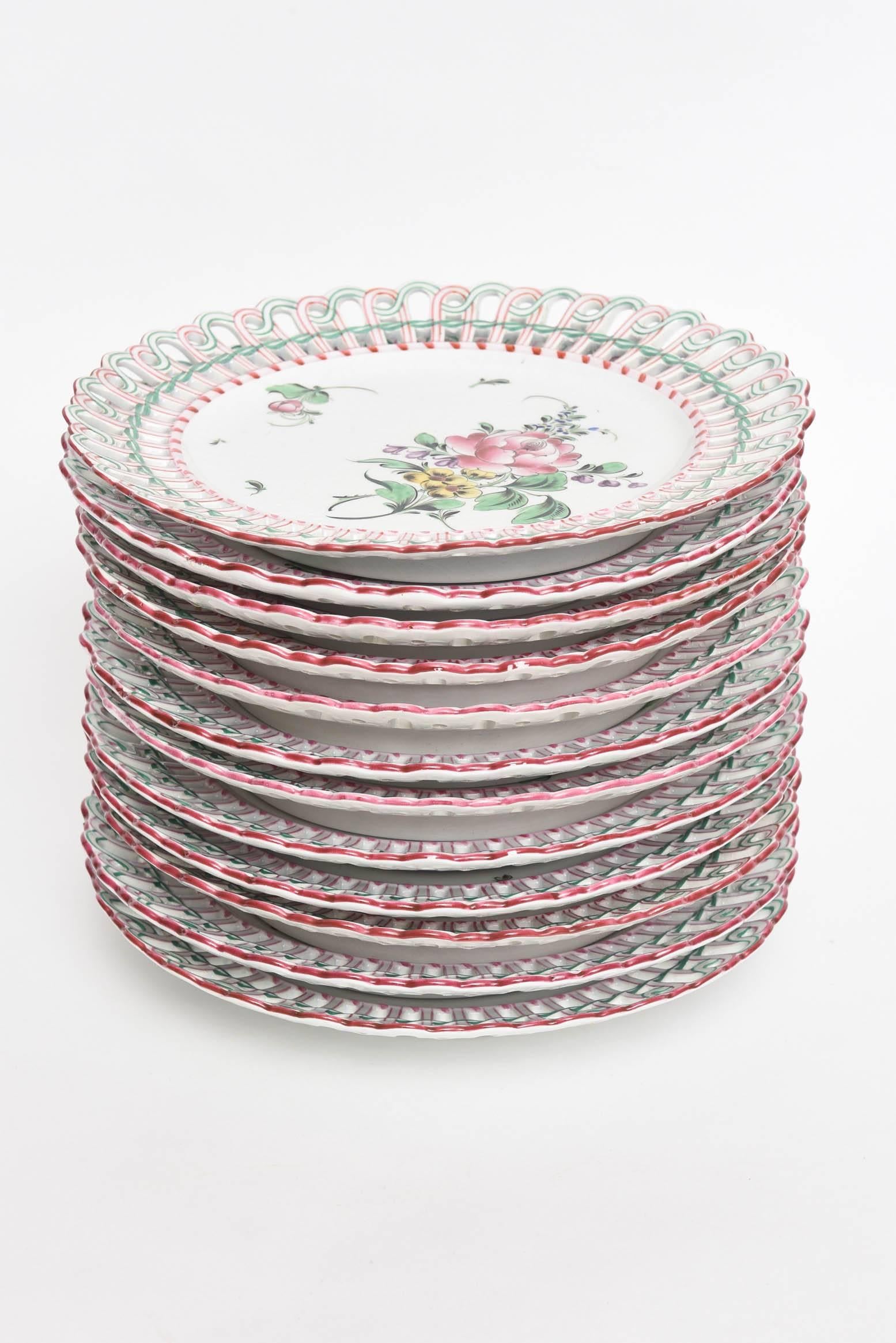 12 Luneville, France Reticulated Hand-Painted Plates, Rare Pink Green Collars In Good Condition In West Palm Beach, FL