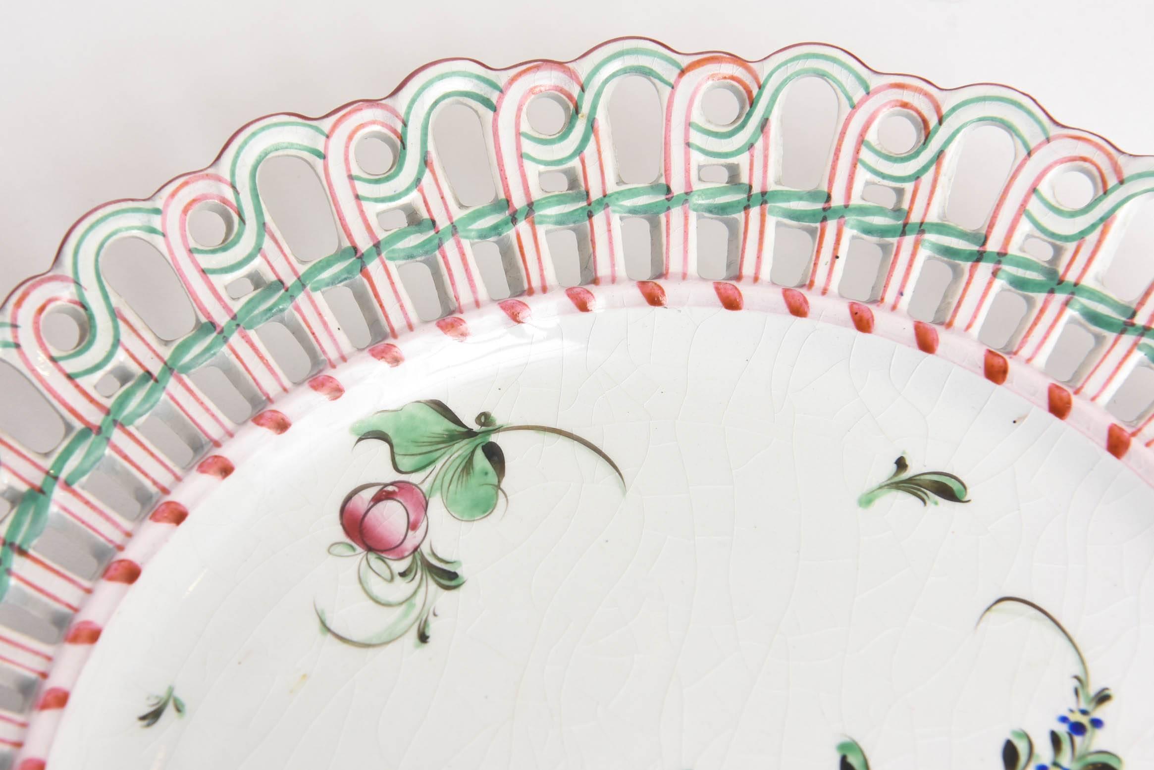 Enamel 12 Luneville, France Reticulated Hand-Painted Plates, Rare Pink Green Collars