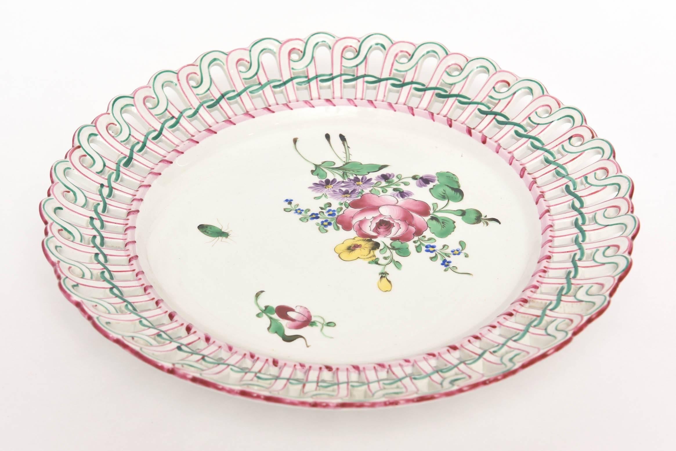 12 Luneville, France Reticulated Hand-Painted Plates, Rare Pink Green Collars 1