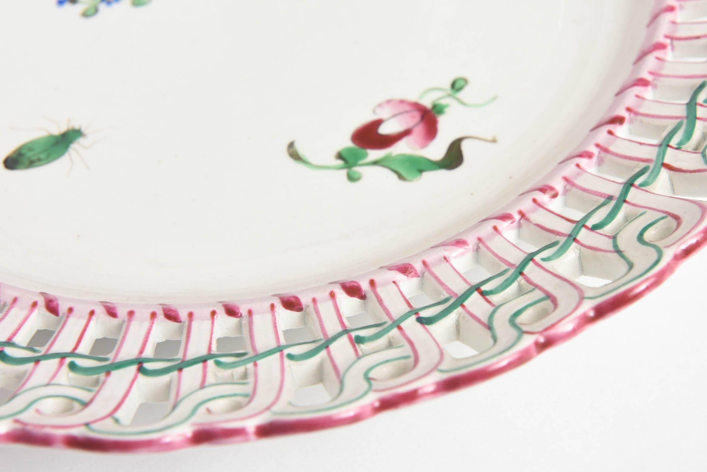 12 Luneville, France Reticulated Hand-Painted Plates, Rare Pink Green Collars 2