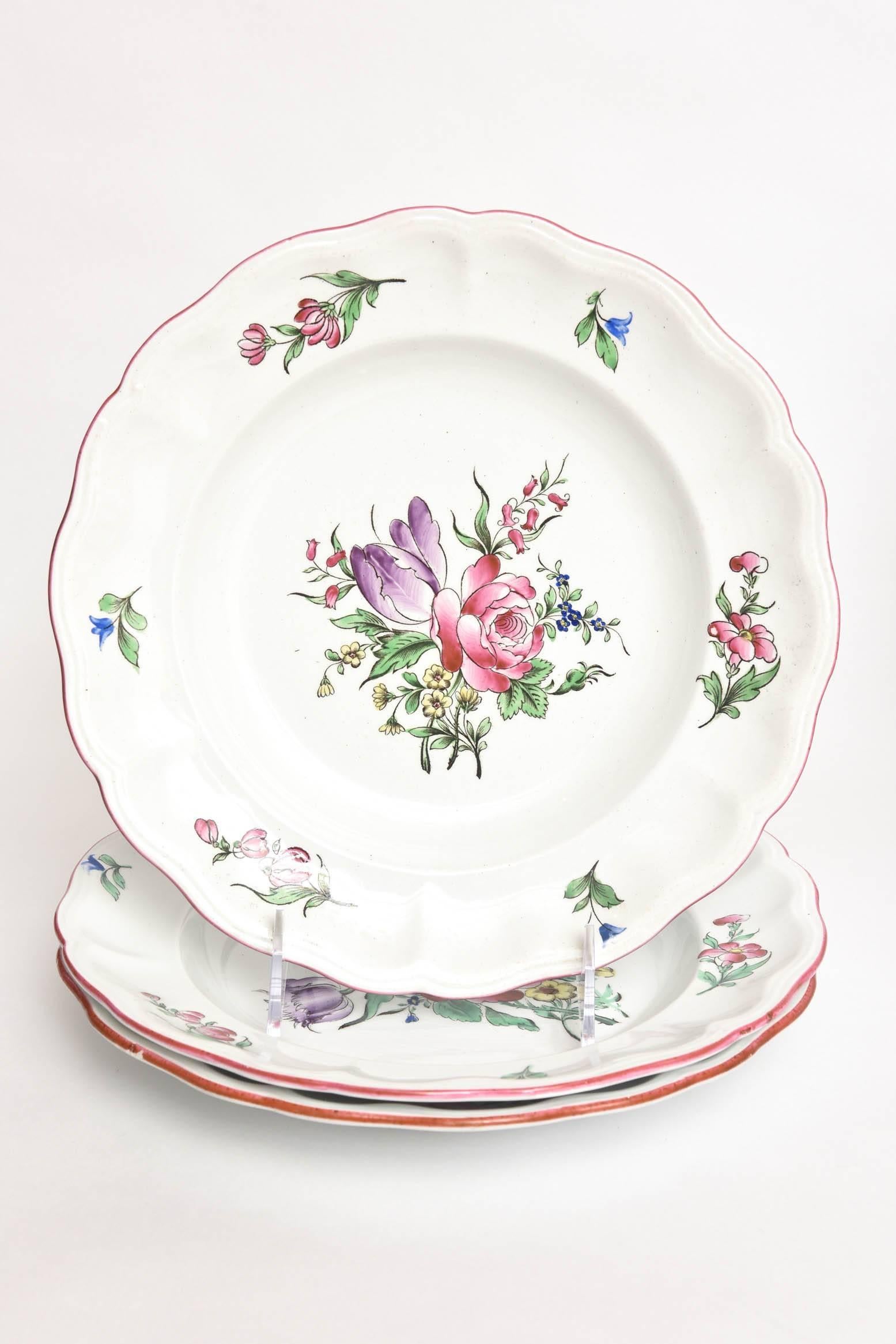 French Provincial 12 Luneville, France Hand Painted, Rose Trim Dinner Plates, Vintage