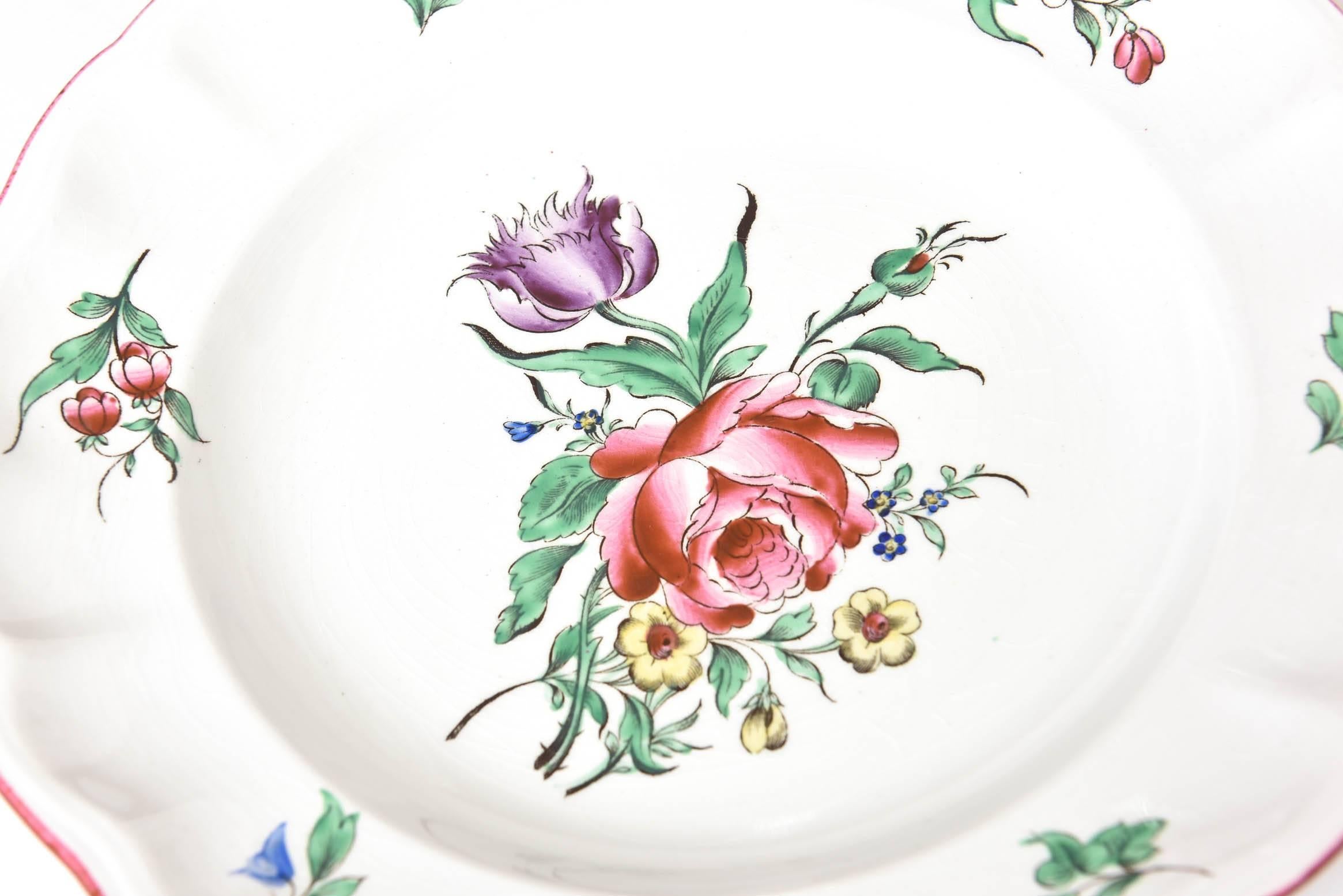 Hand-Crafted 12 Luneville, France Hand Painted, Rose Trim Dinner Plates, Vintage