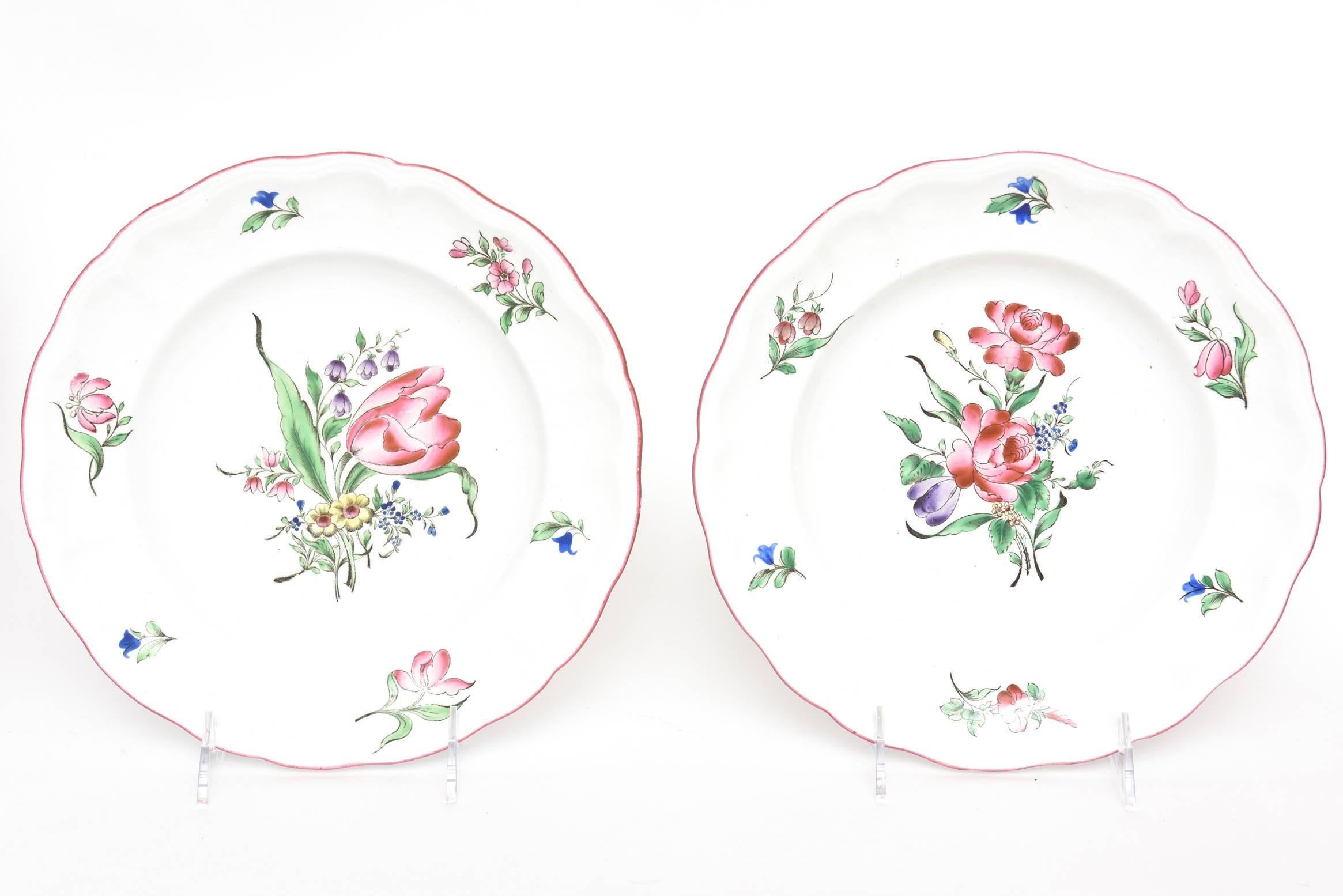 12 Luneville, France Hand Painted, Rose Trim Dinner Plates, Vintage In Good Condition In West Palm Beach, FL
