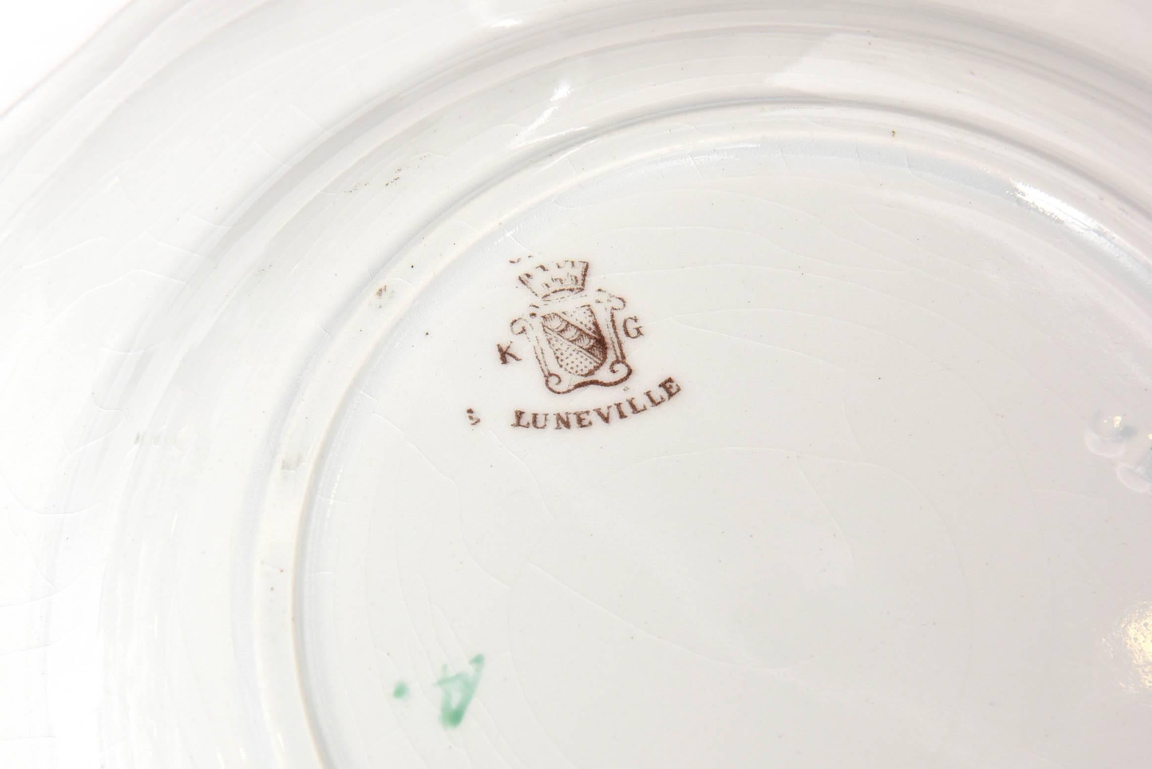 Mid-20th Century 12 Luneville, France Hand Painted, Rose Trim Dinner Plates, Vintage