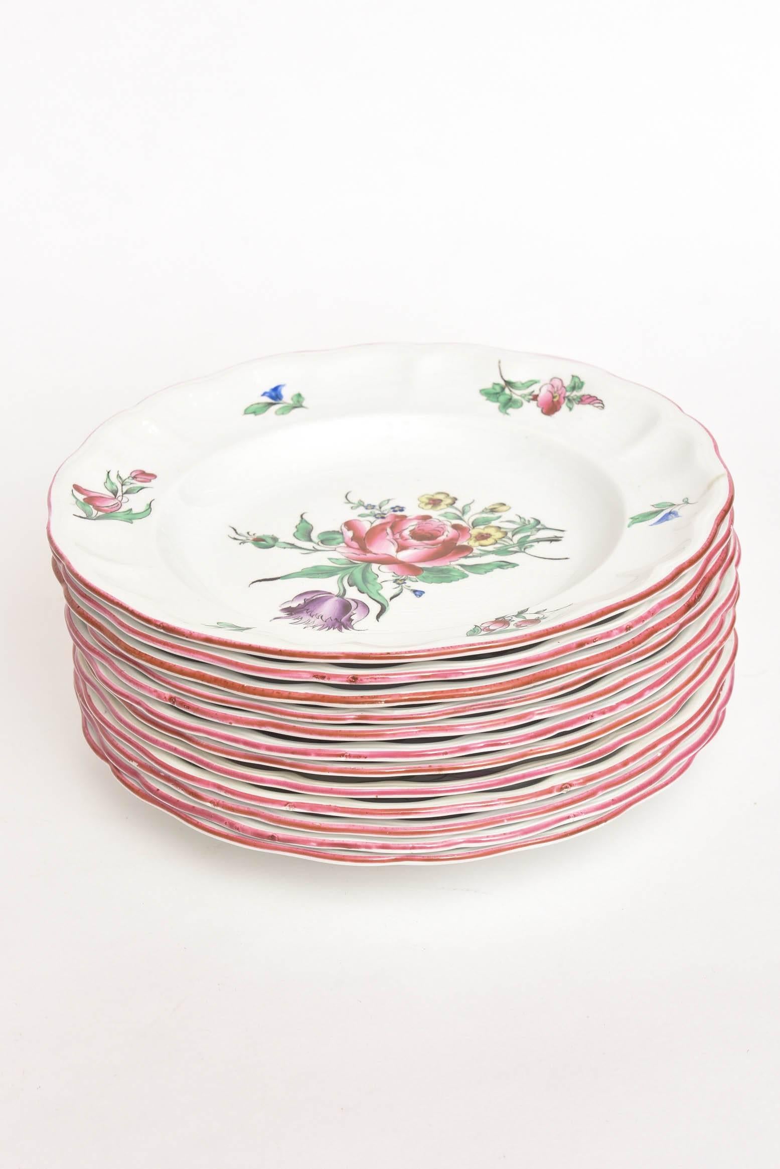 Enamel 12 Luneville, France Hand Painted, Rose Trim Dinner Plates, Vintage