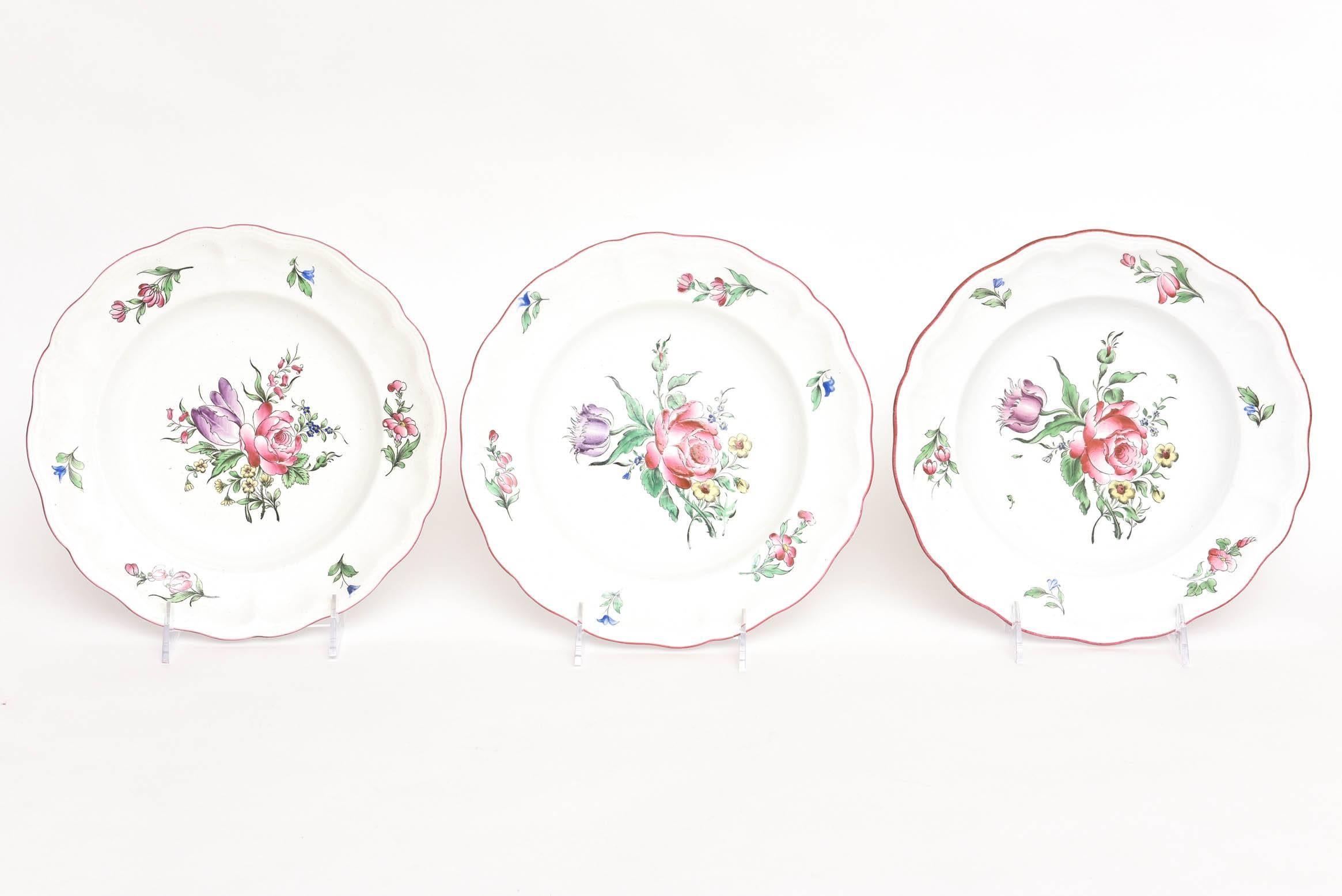 12 Luneville, France Hand Painted, Rose Trim Dinner Plates, Vintage 1